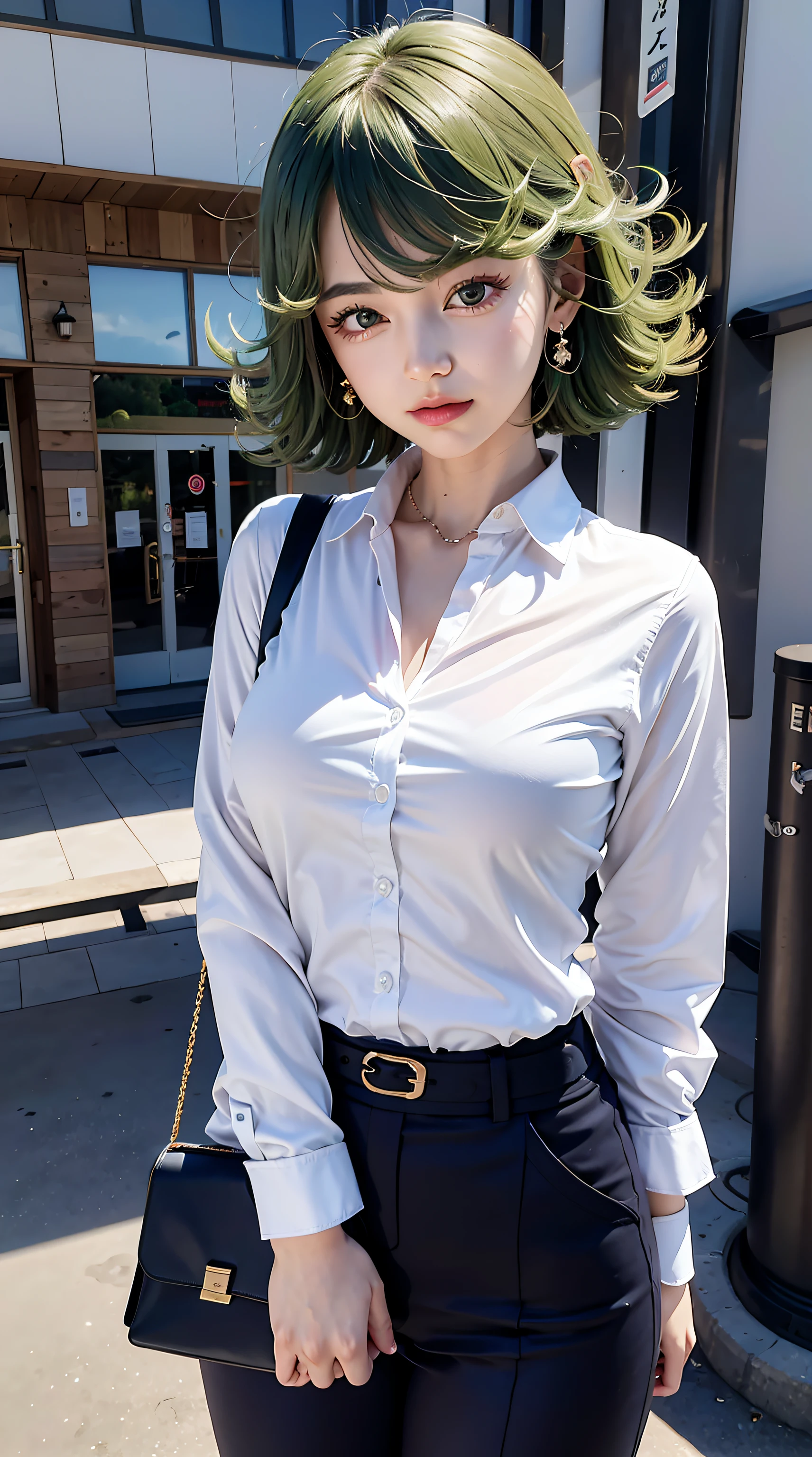 tatsumaki, beautiful, beautiful woman, perfect body, perfect breasts, wearing a white formal shirt, black blazer, black trousers, handbag, wearing a watch, wearing earrings, in public, being in Tokyo city, being on the street, looking at the viewer, slight smile, realism, masterpiece, textured skin, super detail, high detail, high quality, best quality, 1080p, 16k