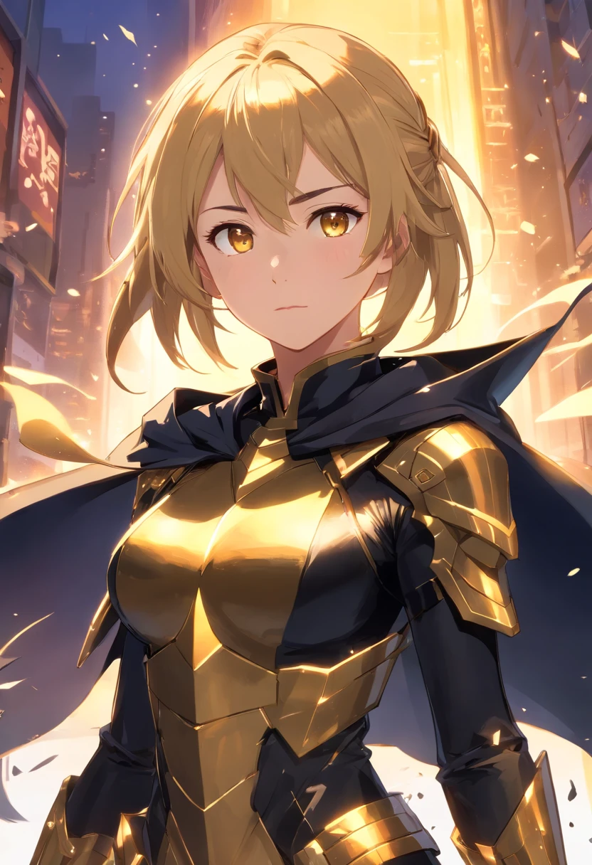 full body, ((masterpiece)), sorcerer woman, golden eyes, cute face, black cloak, black shirt, golden chest armor, black pants, black long boots cover in golden armor, black gloves cover in golden armor, freckles, ponytail, blonde hair, standing