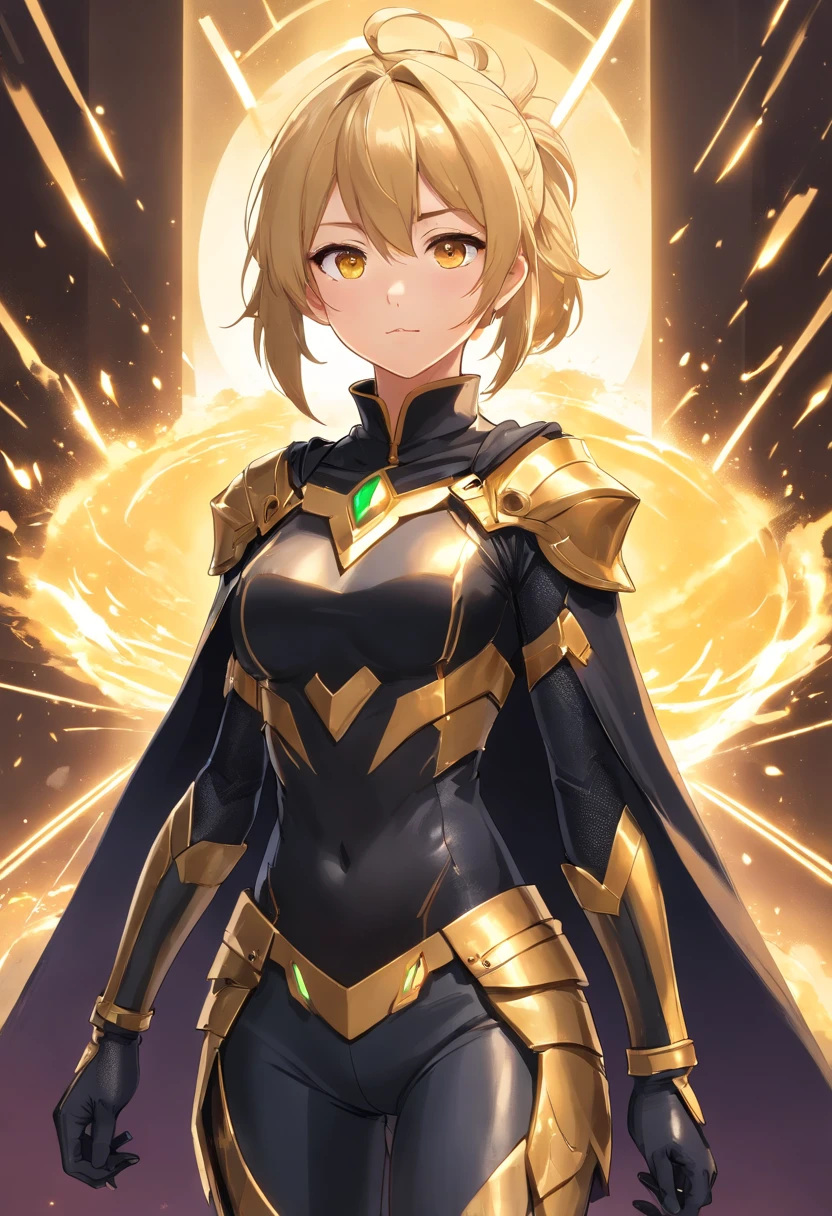 full body, ((masterpiece)), sorcerer woman, golden eyes, cute face, black cloak, black shirt, golden chest armor, black pants, black long boots cover in golden armor, black gloves cover in golden armor, freckles, ponytail, blonde hair, standing