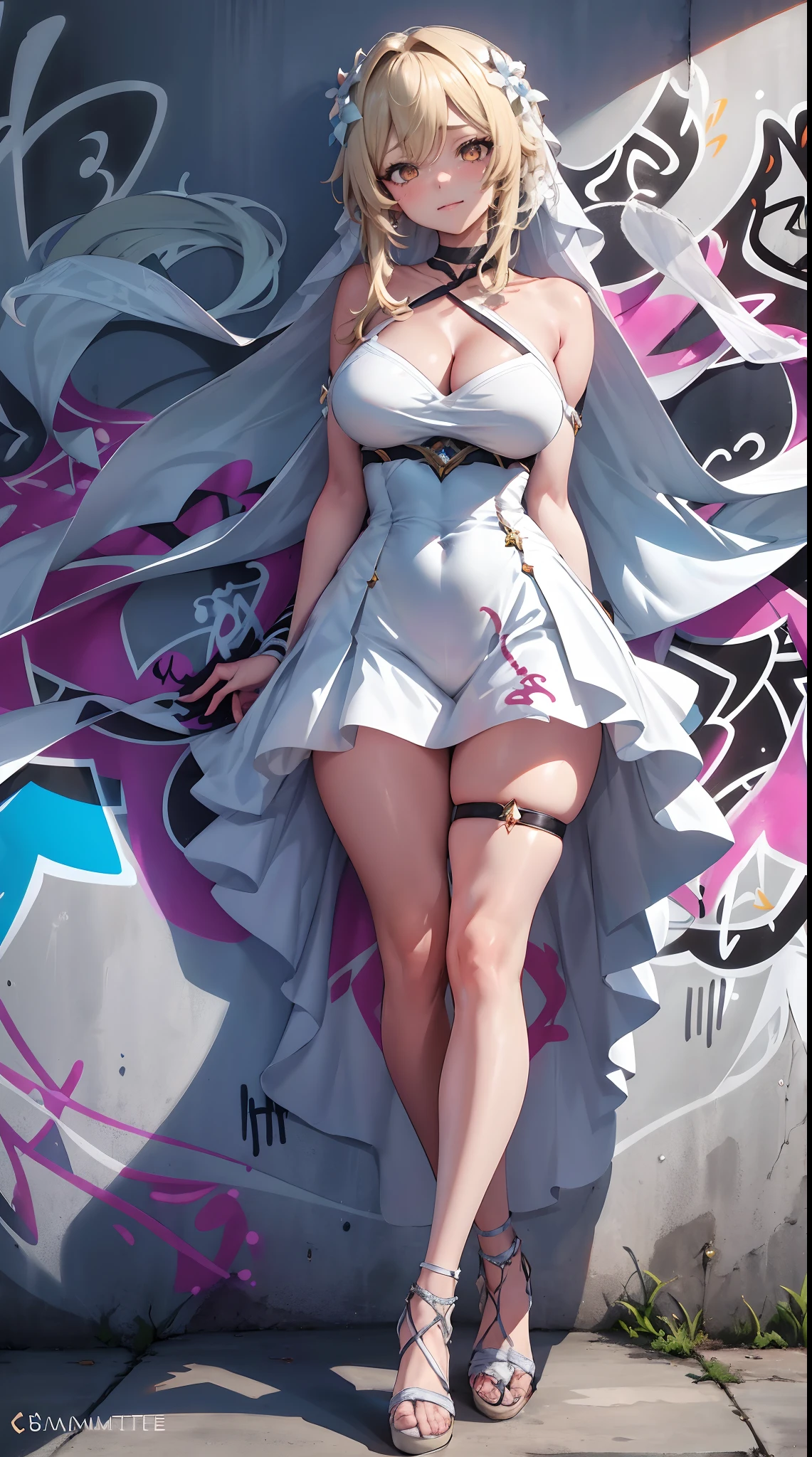 Lumine | genshin impact, master-piece, bestquality, 1girls,25 years old, proportional body, proportional., Wedding Dresses, White Wedding Dress, wedding, mediuml breasts, ,bara, choker, (Graffiti:1.5), Splash with purple lightning pattern., arm behind back, against wall, View viewers from the front., Thigh strap, Head tilt, bored, 10, 10, HD, slight smile,