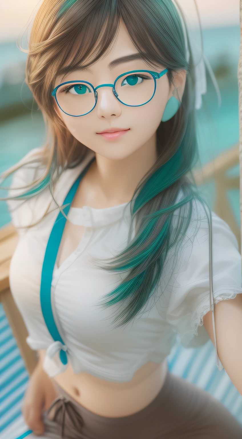 ultra-detailliert, Beautiful young woman wearing half-rimmed glasses、Partial shoulder-length hair of blue-green color、hight resolution, (Realistic, Photorealistic: 1.4), 8K, Raw photo, (masutepiece), (Best Quality), physically-based renderingt, Female college student, Brown hair, sand beach, Unbutton your socks and take a look_white_Shirt、(((Sit down and spread your crotch、Knee bending、Wearing white panties)))、