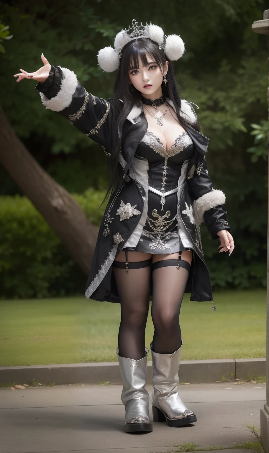 Idol in a silver gothic mini dress、large full breasts、beautiful foot、Black Long Hair、Jewelry Decoration Jacket、Good Style、、