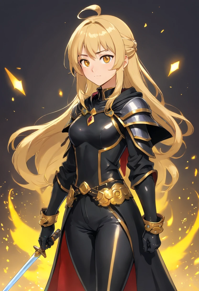 full body, ((masterpiece)), sorcerer woman, golden eyes, cute face, black cloak, black shirt, golden chest armor, black pants, black long boots cover in golden armor, black gloves cover in golden armor, freckles, ponytail, blonde hair, standing