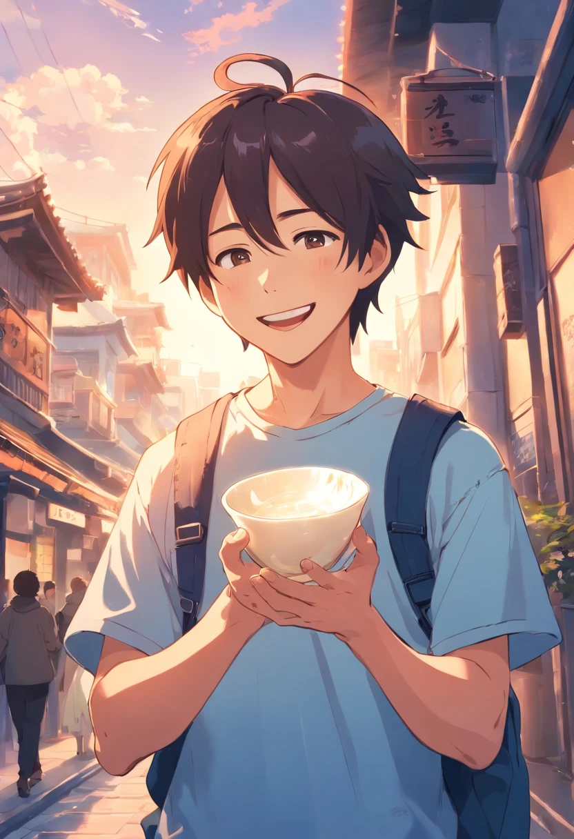Man holding porcelain in his hand，big laughter