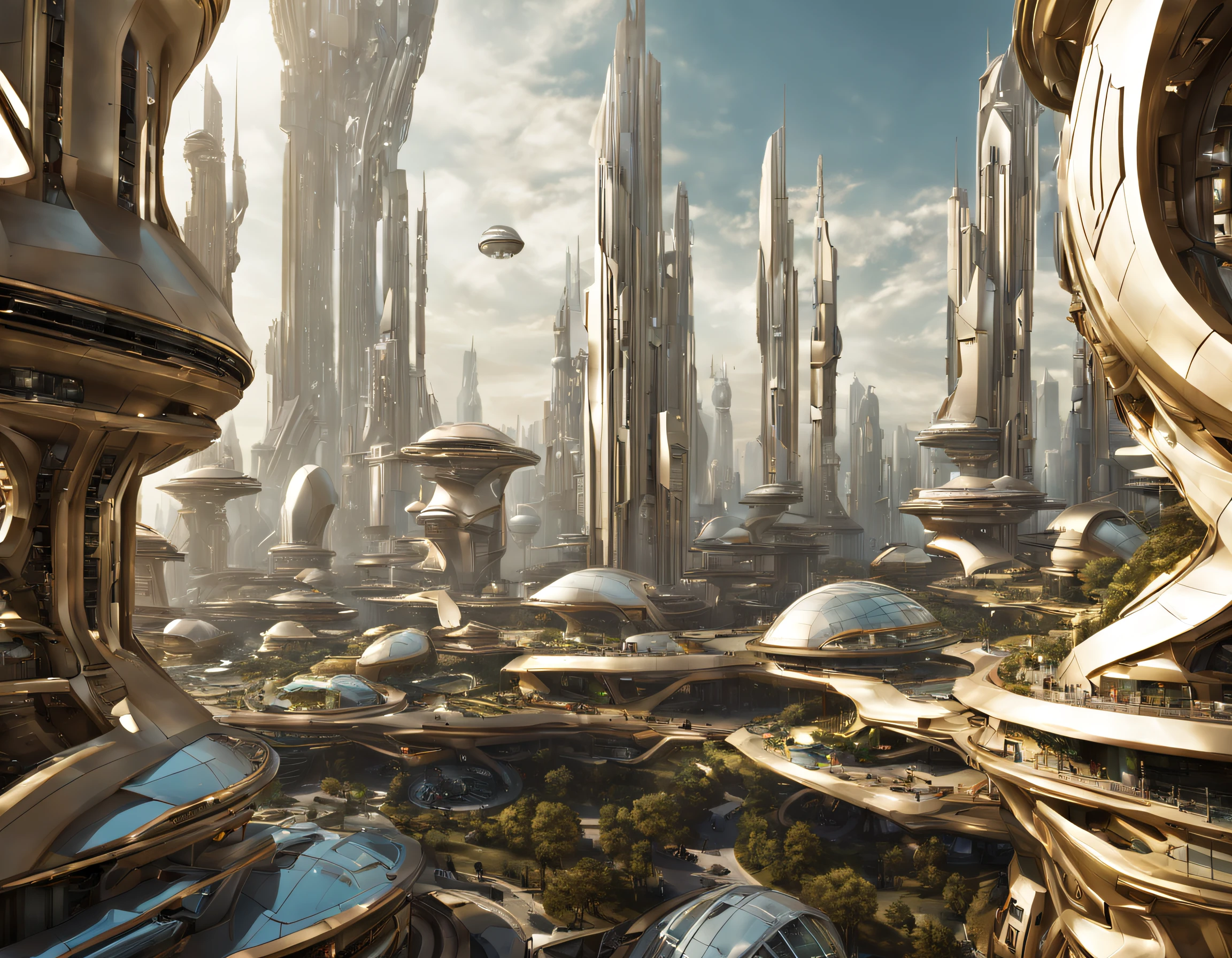 On an unknown planet there is a futuristic city with immense buildings of technological design, con estructuras acristaladas en plata, oro y bronce espectaculares en la que sobrevive un robot femenino espectacular. pavimento ensolado.