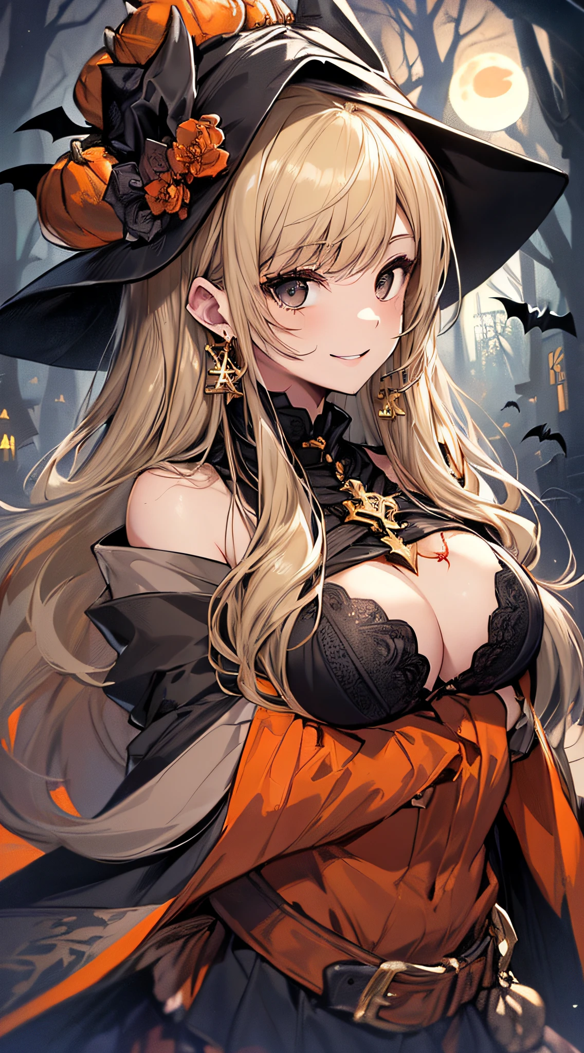 top-quality、Top image quality、masterpiece、teens girl((18year old,Black Wizard Hat、Black and orange sexy clothes,Orange and black skirt、Orange muffler,Best Bust、Bust 85、Blonde long hair,Black eyes、open chest wide、Valley、Happiness、A slender、Blood coating、Emphasis on the chest、Bats tattoo、Gold Earrings、Cross your arms behind your back、Leaning forward、a smile))hiquality、Beautiful Art、Background with((natta、dark sky、Halloween at night、the bats、pumpkins,Nightmare、Halloween、in woods))、Depth(Beautiful black house),masutepiece、Elaborate design、visualart、high contract、The best lighting、highestdetailed、low angles
