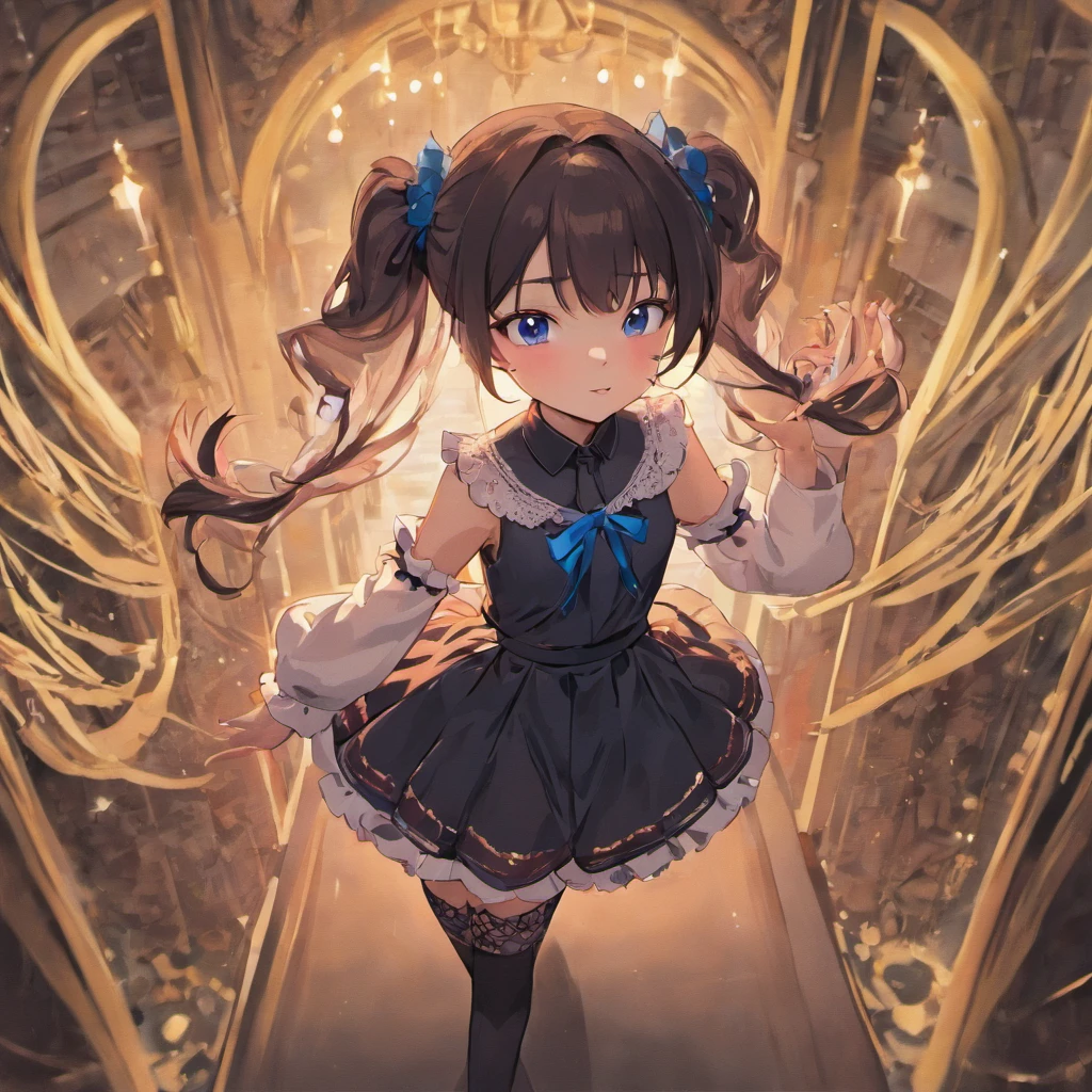 1girl,Cute little loli,Black double ponytail,Dressed in a gorgeous lace-trimmed maid outfit,Her hair was tied with a gorgeous blue ribbon,Black silk stockings,Wear a pair of high-heeled sandals on your feet