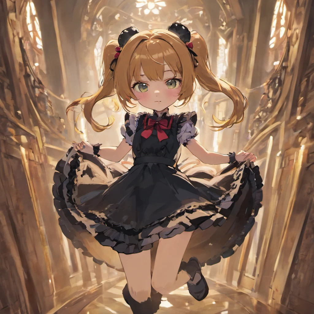 1girl,Cute li,Black double ponytail,Dressed in a gorgeous lace-trimmed maid outfit,Her hair was tied with a gorgeous blue ribbon,Black silk stockings,Wear a pair of high-heeled sandals on your feet