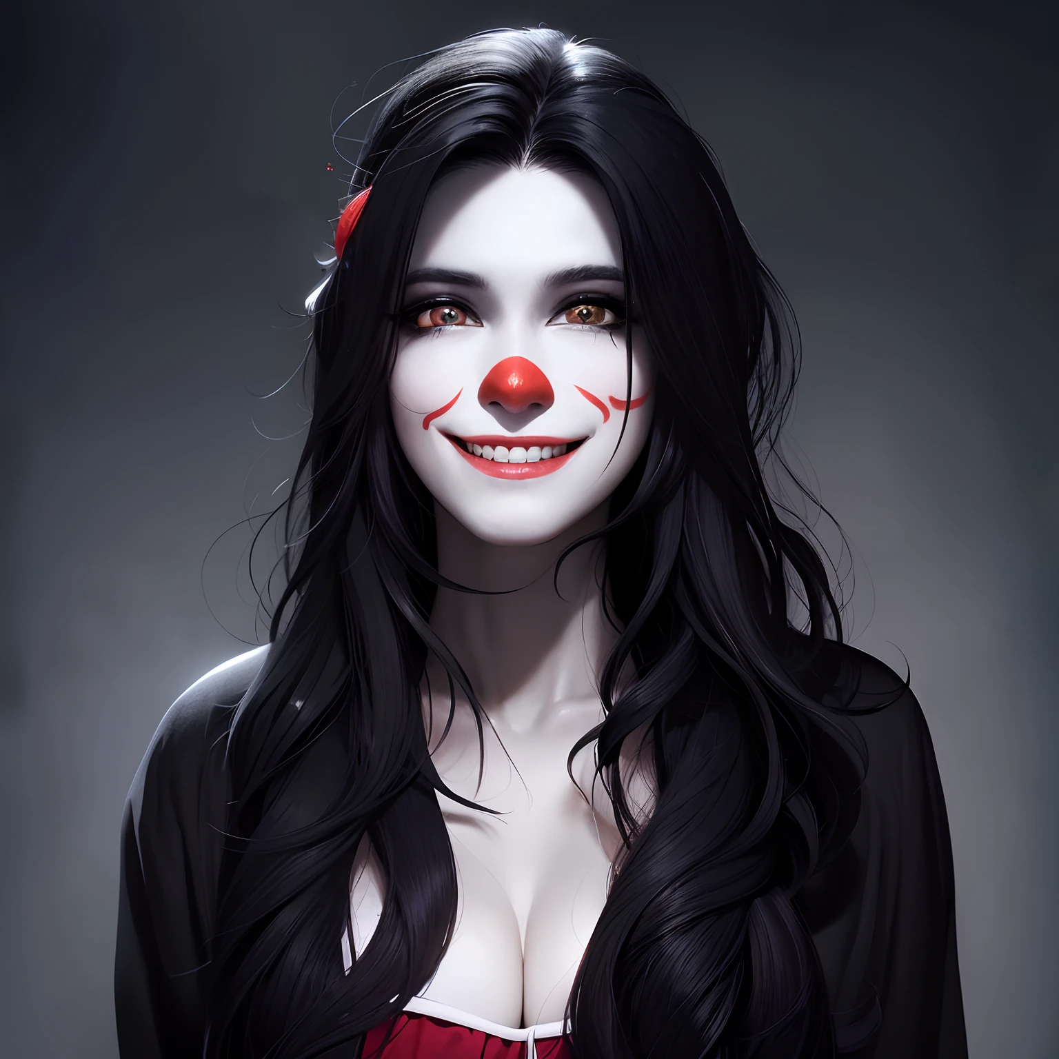 Clown, a close up of a woman with long black hair smiling, white face, wavy long - length black hair, clown 🤡 face, young woman with long dark hair, photo of a beautiful woman, white face promotional portrait, gorgeous woman, beautiful and smiling