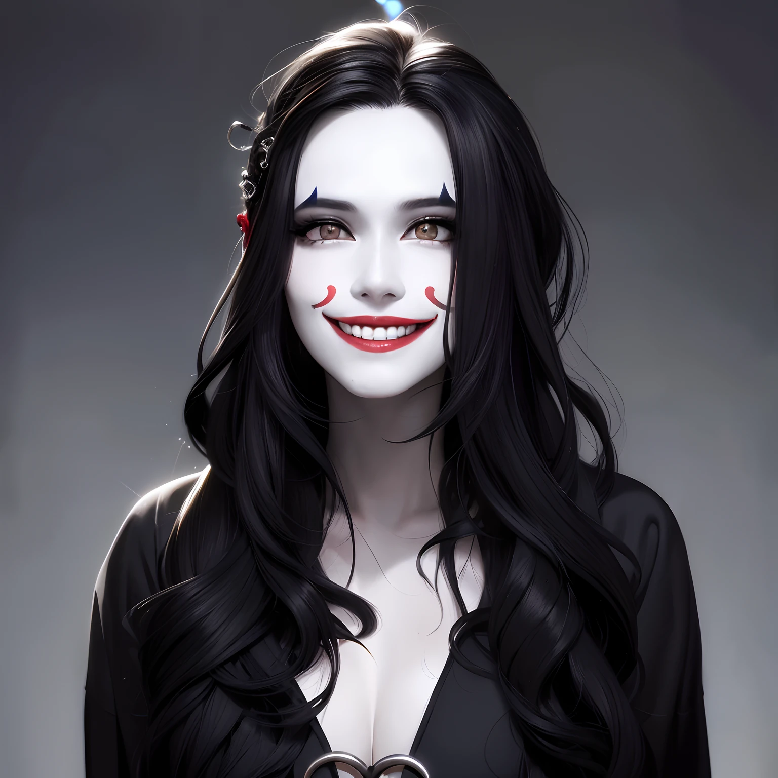 Clown, a close up of a woman with long black hair smiling, white face, wavy long - length black hair, clown 🤡 face, young woman with long dark hair, photo of a beautiful woman, white face promotional portrait, gorgeous woman, beautiful and smiling