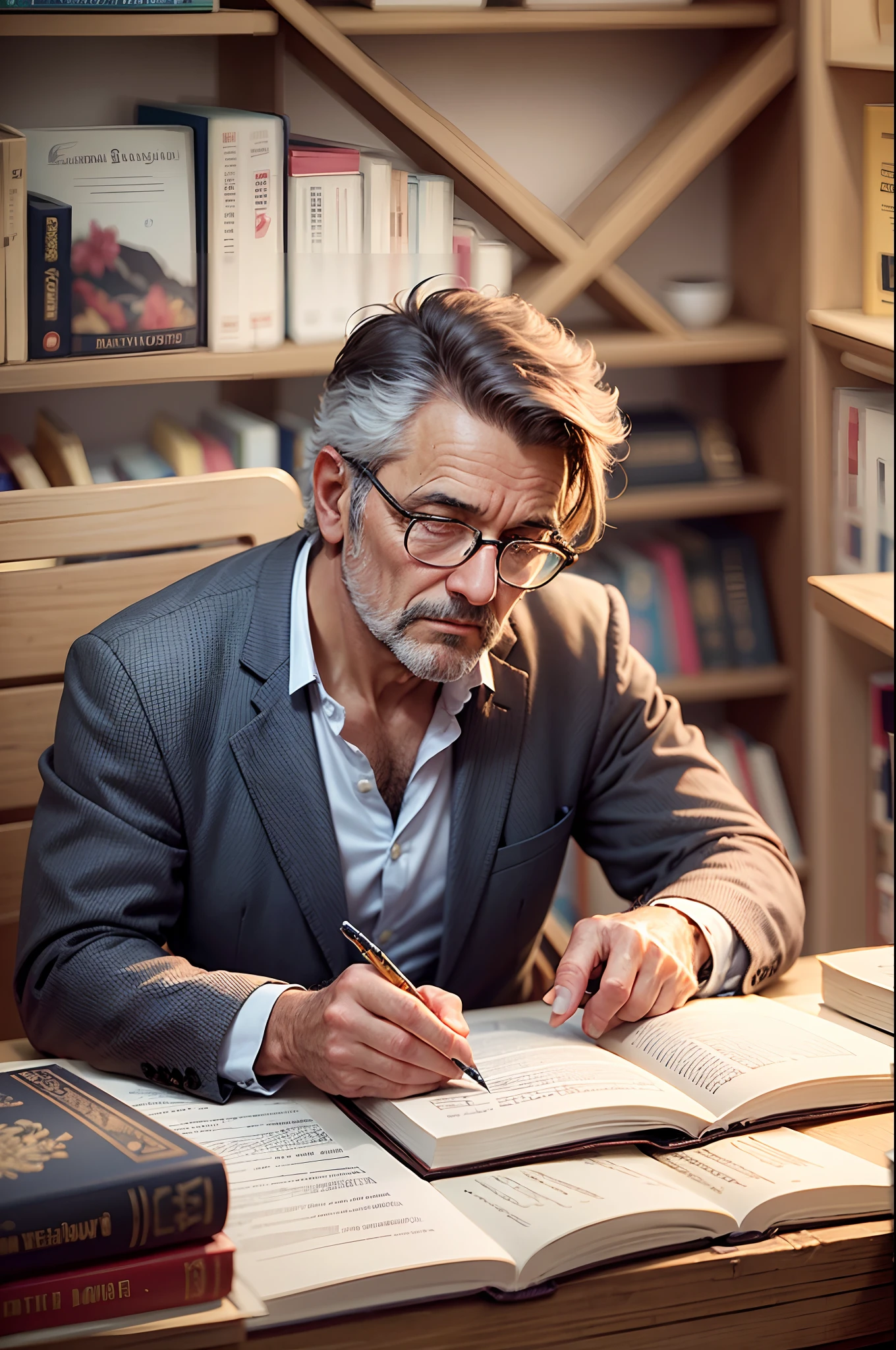 High-quality image of a successful middle-aged lawyer, seduto dietro ad una scrivania di legno e sullo sfondo una libreria di legno --auto --s2