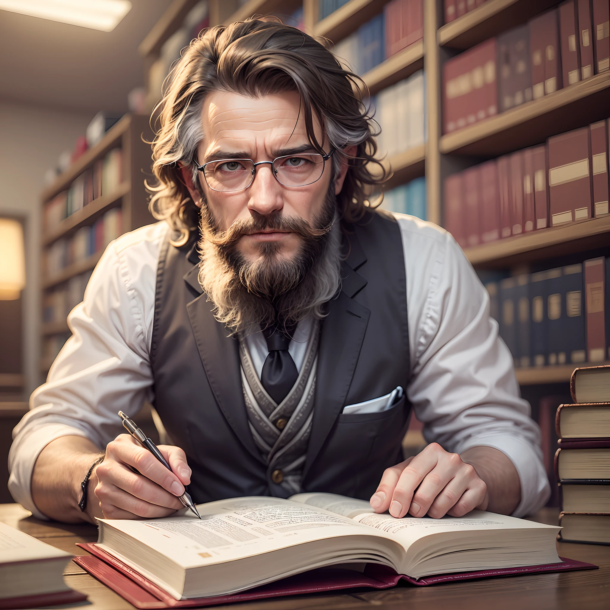 High quality image of a lawyer with grizzled hair and short beard, seduto dietro una scrivania di legno e sullo sfondo una libreria di legno con libri di diritto --auto --s2