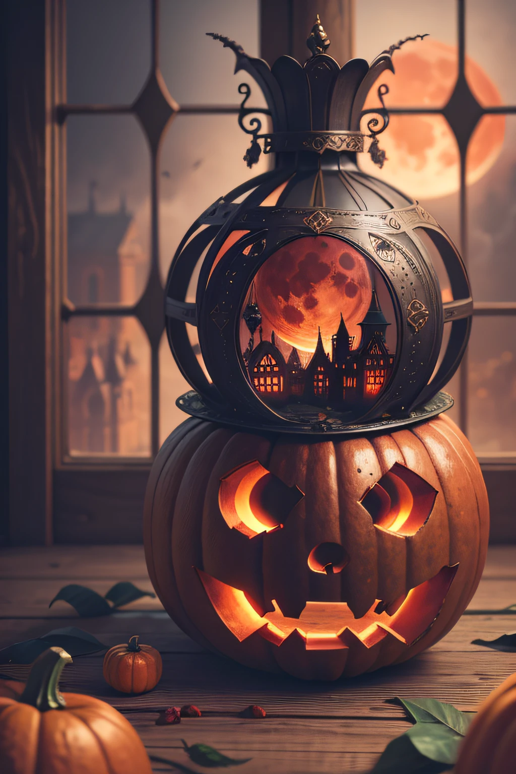 There is a pumpkin surrounded by plants, pumpkins, Presents a blood-red moon castle with a Gothic night
 Game Ground Compilation Fantasy Edition Steampunk High Resolution Award Winning Ultra HD