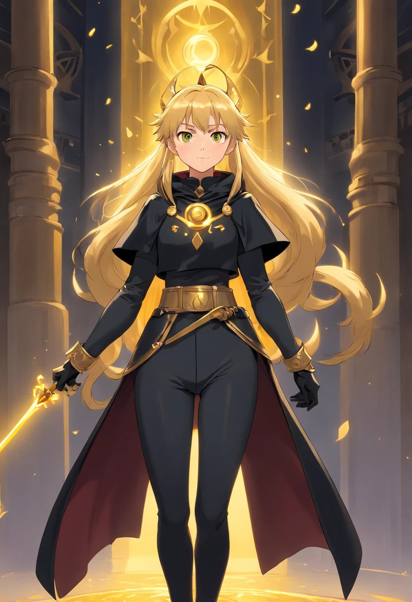 full body, ((masterpiece)), sorcerer woman, golden eyes, cute face, black cloak, black shirt, black pants, black long boots cover in golden armor, black gloves cover in golden armor, freckles, ponytail, blonde hair, standing