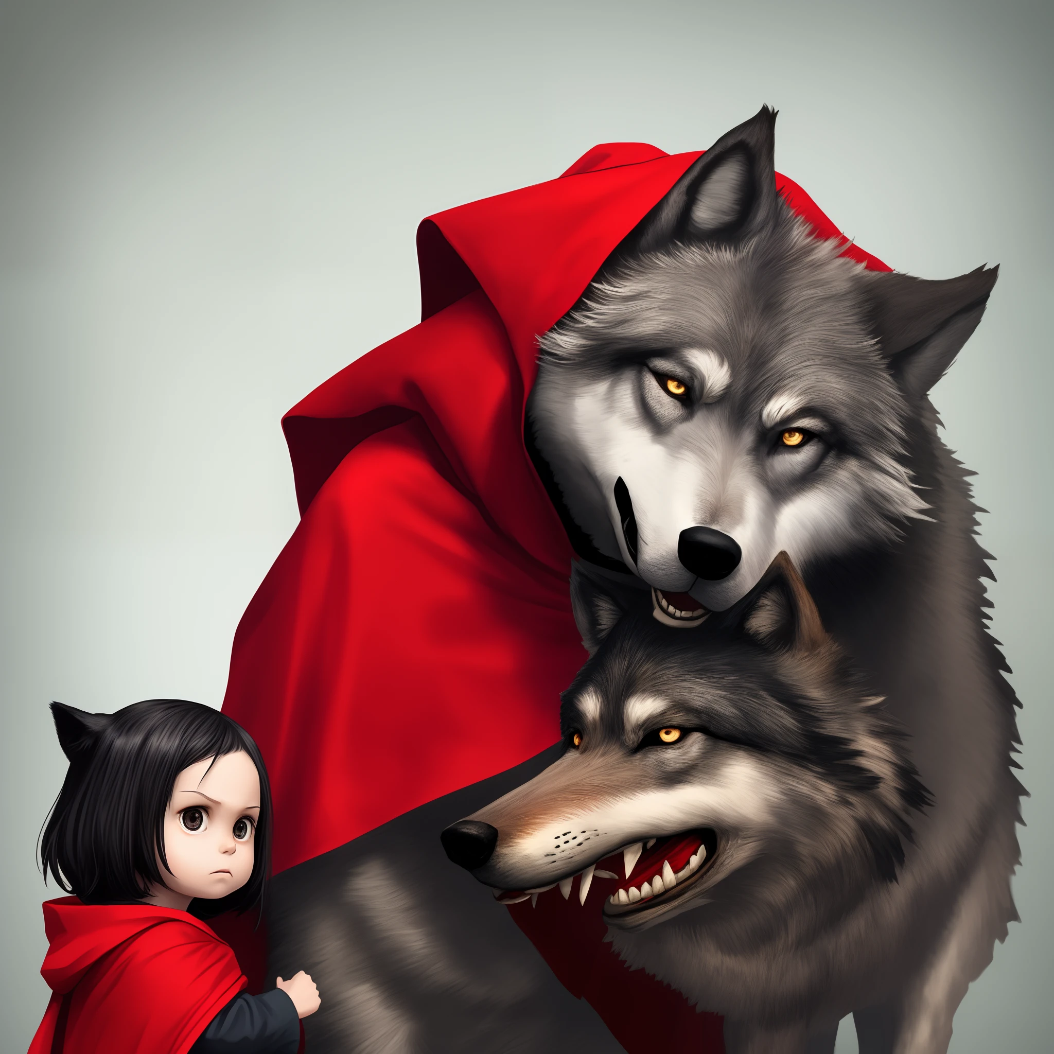 Little Red Riding Hood and a big angry gray wolf with black eyes