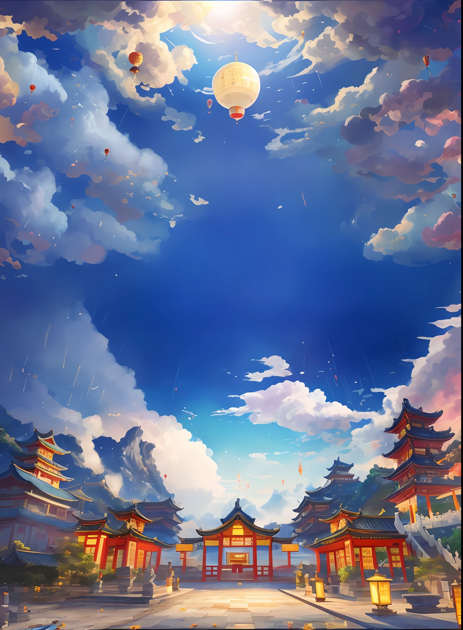 Anime scenery of Chinese architecture，There are hot air balloons in the sky, A beautiful artwork illustration, G Liulian art style, Detailed scenery —width 672, lie on white clouds fairyland, amazing wallpapers, Anime background art, Anime art wallpaper 8 K, Ultra-clear RES，flying cloud castle, colorful anime movie background, anime backgrounds, Cloud Palace