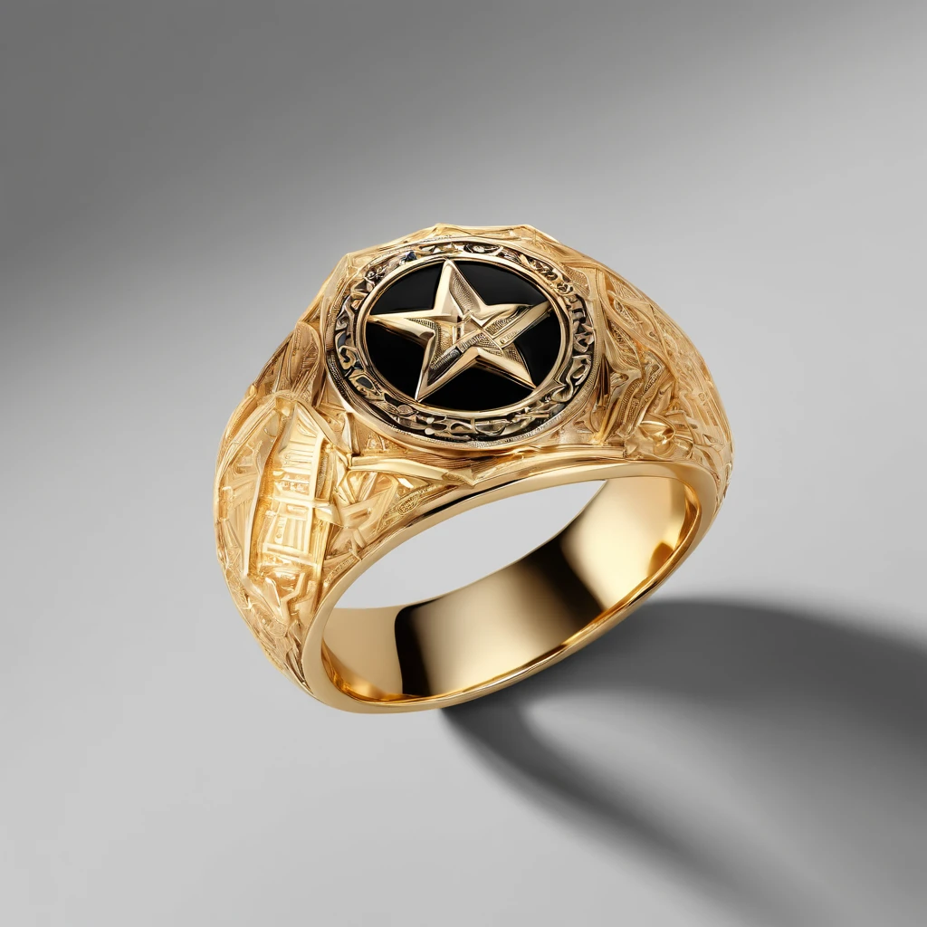 Yellow gold ring，Pentagram pattern，It shines with a noble golden light，The golden-red tone is filled with dark-style graphics，simple backgound， with black background，Simple details