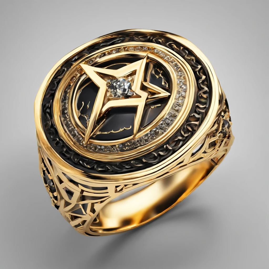 Yellow gold ring,Pentagram pattern,It shines with a noble golden light,The golden-red tone is filled with dark-style graphics,simple backgound, with black background,Simple details