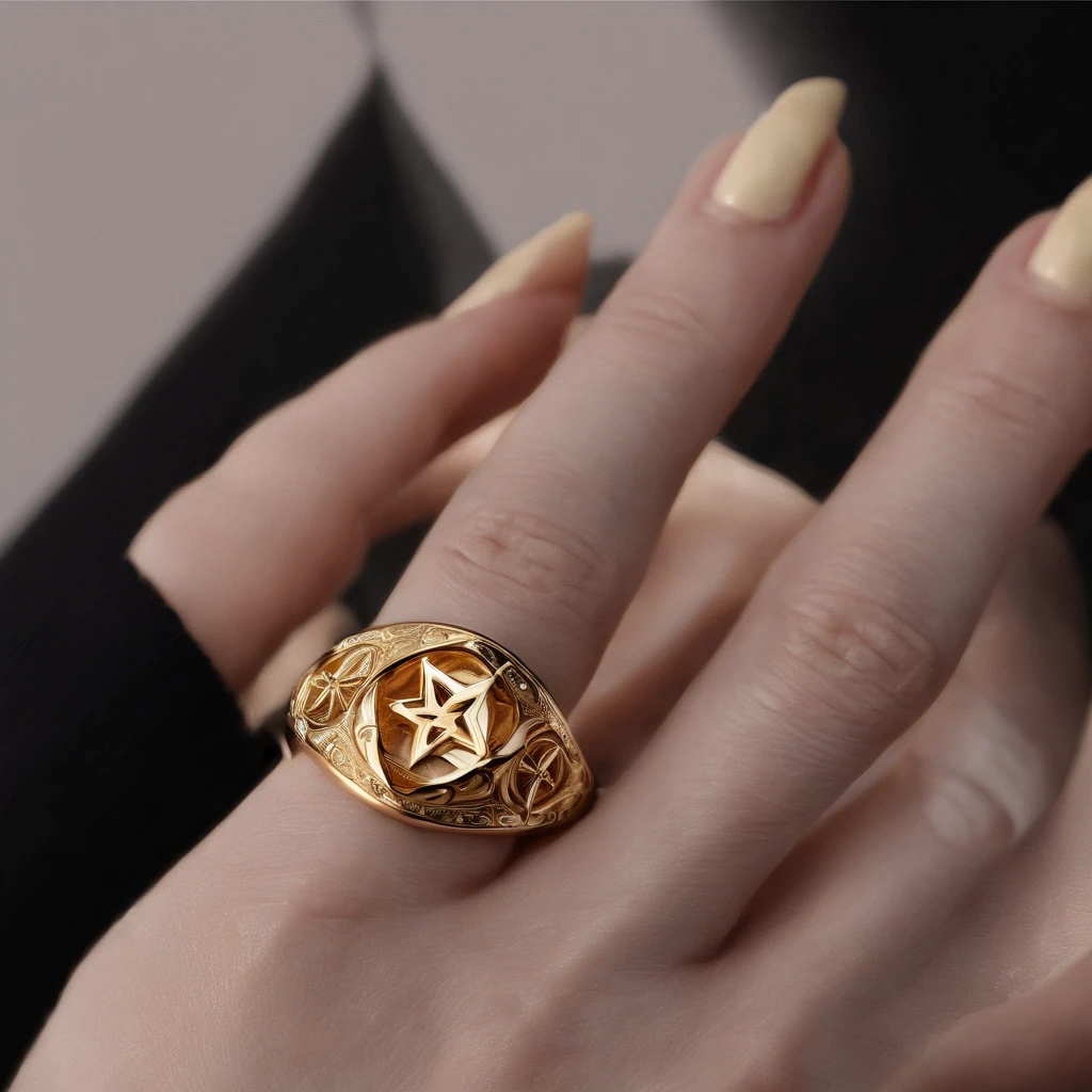 Yellow gold ring,Pentagram pattern,It shines with a noble golden light,The golden-red tone is filled with dark-style graphics,simple backgound, with black background,Simple details