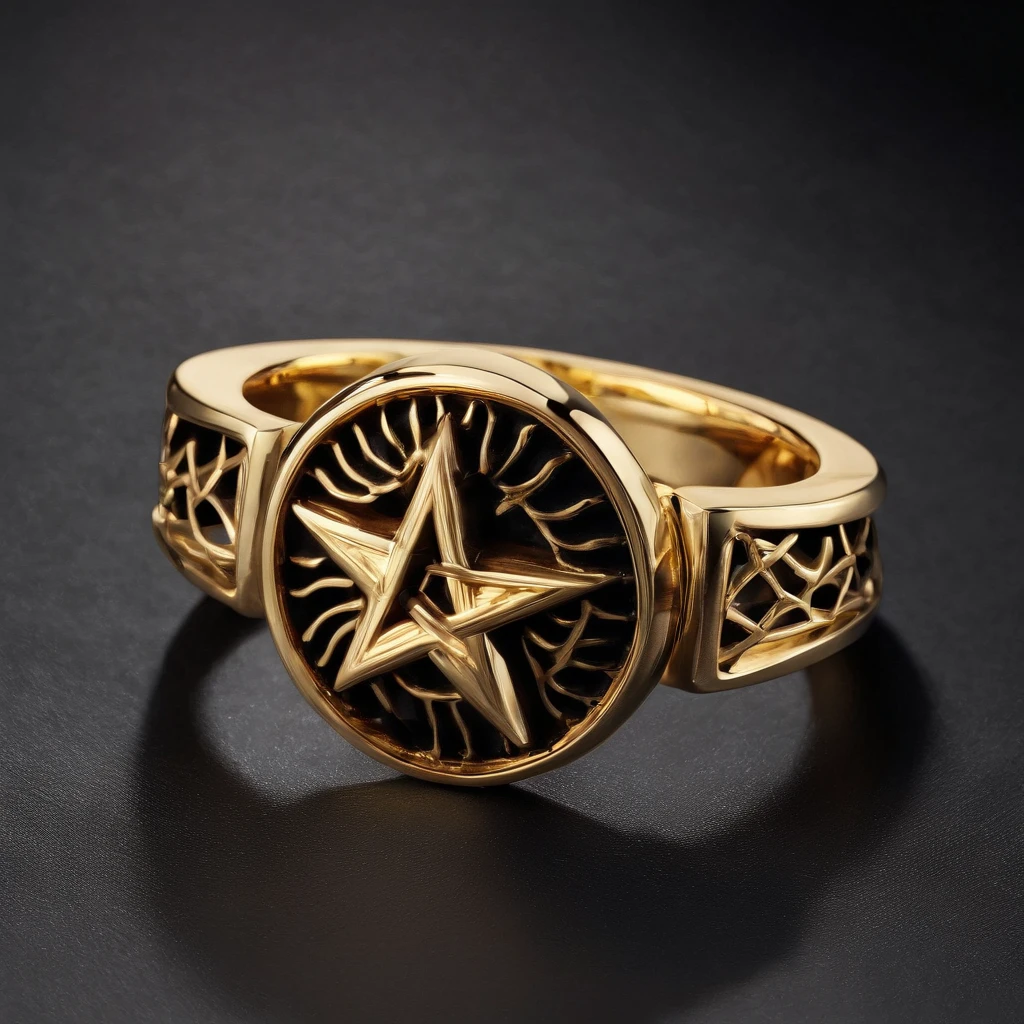 Yellow gold ring,Pentagram pattern,It shines with a noble golden light,The golden-red tone is filled with dark-style graphics,simple backgound, with black background,Simple details