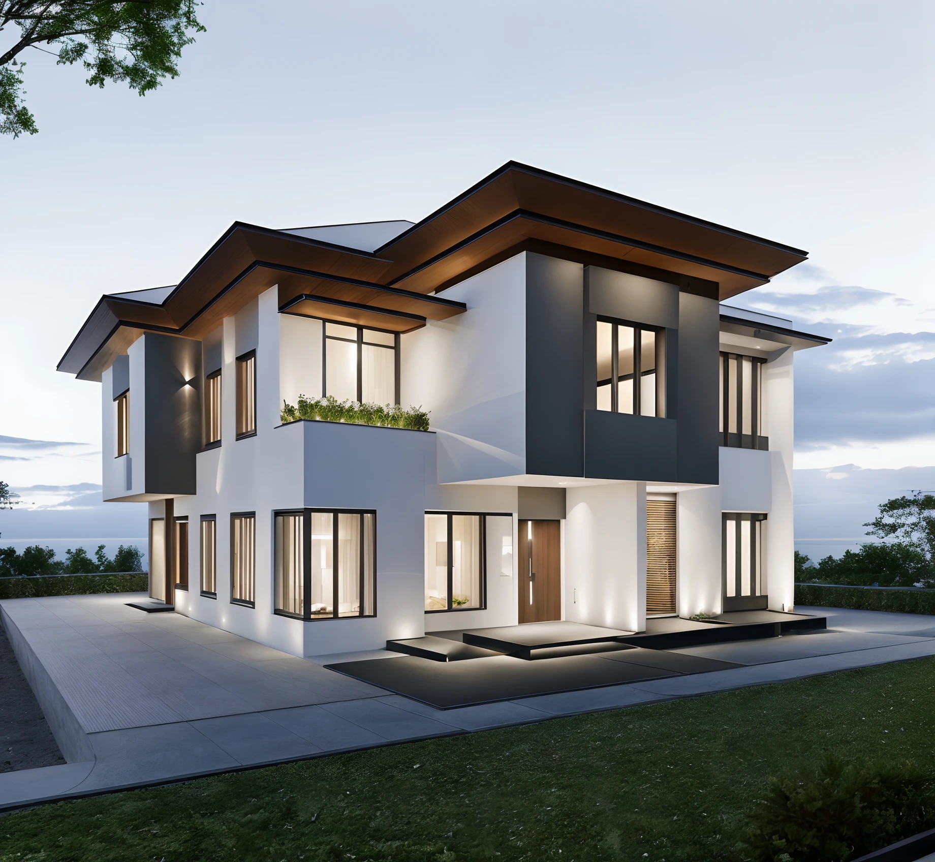 a view of a modern home with a large front yard, main material by white wall and stone and wood,  1 road runs in front of the house,  (RAW photo, real, best quality, masterpiece:1.2), look morden minimalist, 1 road in front of the house, shime ring light, light brighteness from indoor:1.2, dynamic lighting:1.3, (hyper realistic, photo-realistic:1.2), high quality, day lighht, hight contrast :0.5 perfect lighting, archdaily,  award winning contemporary, contemporary masterpiece, well-designed masterpiece, large modern residence, neotraditional modern, wide angle exterior 2022, midcentury modern, contemporary house, hip modern vibe, a long-shot from front, award winning modern design, stunning lines, residential, subtle detailing