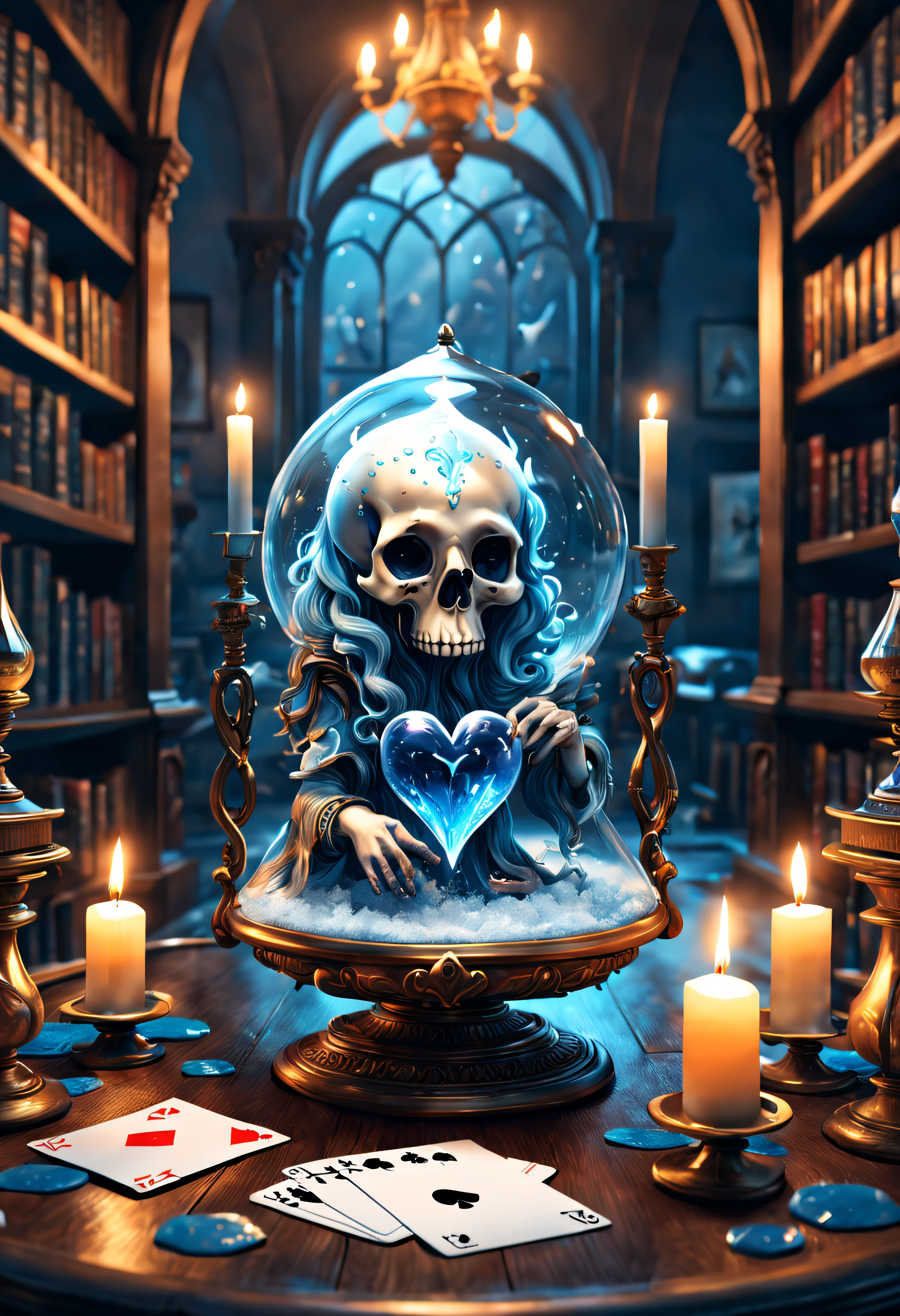 cute,pop,modern art,surrealism,salvador dali,hourglass,Library,ice,blizzard,sapphire,kraken,heart,playing cards,candle,skull,ice queen,solo,BREAK
Masterpiece, best quality, captures a super cute moment, depth of field, ultra detailed, ultra high resolution, Octadale, 8k, 16k