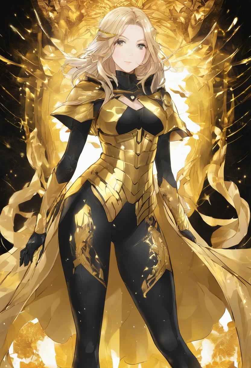 full body, ((masterpiece)), sorcerer woman, golden eyes, cute face, black cloak, black shirt, golden chest armor, black pants, black long boots cover in golden armor, black gloves cover in golden armor, freckles, ponytail, blonde hair, standing