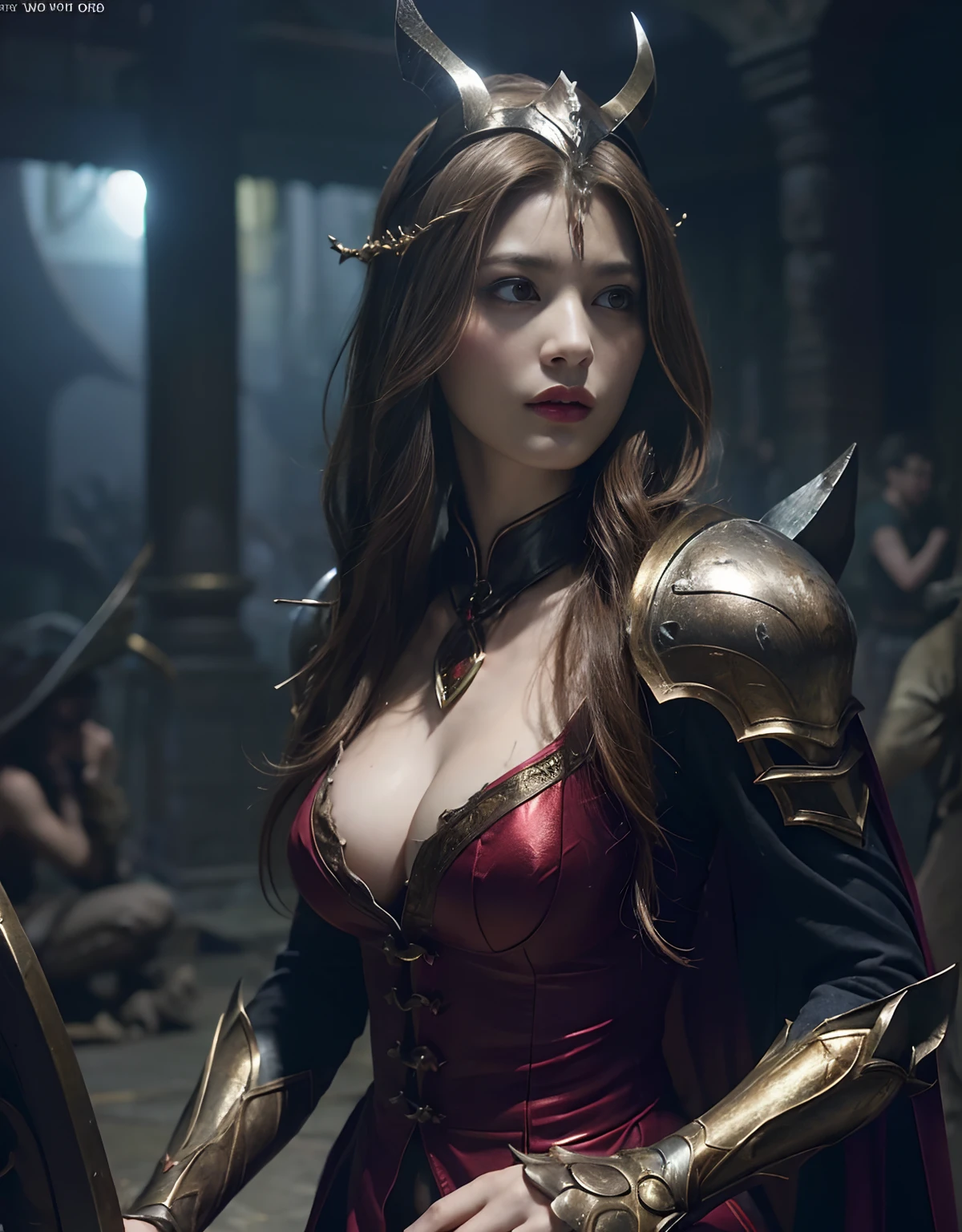 (One Knight Girl)、top-quality、masterpiece、超A high resolution、(Photorealsitic:1.4)、Raw photo、女の子1人、(Wear the Dark Knight's Armor)、glowy skin、(Random hair),(((Dark Fantasy)))、Fight with beautiful swords and shields、(((Mystical expression))),(((Have a gorgeous and long magic wand))),(Gorgeous gold metal body)、(Fight goblins、ogre、Fierce battle with orcs),(Fighting strong enemies)、Fight fiercely、(Background of decaying dungeon ruins)、(Ultimate Beauty)、(Detailed knight's helmet)、(Fighting Demonic Beasts)、(Wizard Hat)、((super realistic details))、portlate、(Strong giant demon beast background),globalillumination、Shadow、octan render、8K、ultrasharp、Colossal tits、Raw skin is exposed in cleavage、metals、Details of complex ornaments、Japan details、highly intricate detail、Realistic light、(Mystical expression),CGSoation Trends、Red Eyes、radiant eyes、Facing the camera)、Gundam、Small LED、Toostock、(Background of the mutation)、(Attack of the Monster Beasts)、Ultimate Beauty、beautiful female knight、Wear colorful armor、Detailed sword、(Wearing legendary armor)、