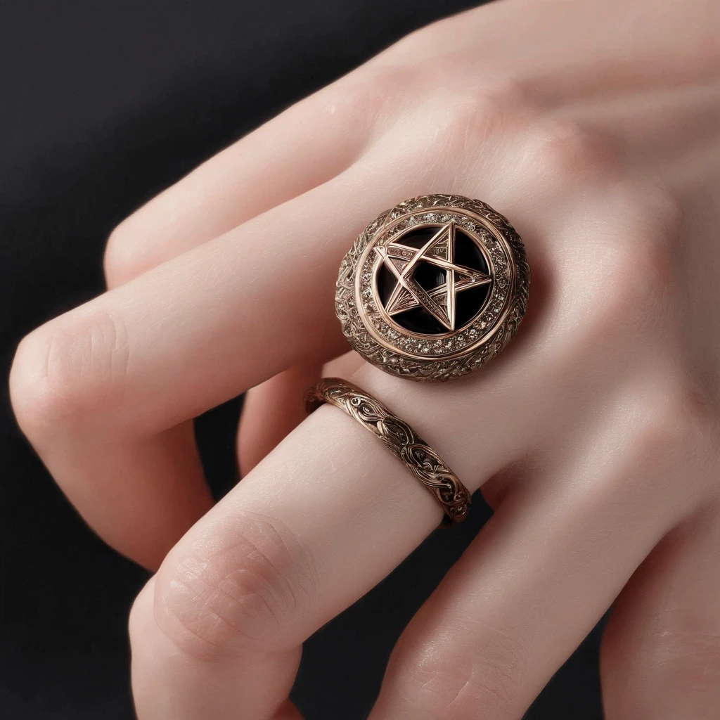 Bronze ring，Pentagram pattern，Gemstone embellishment，simple backgound， with black background，Simple details