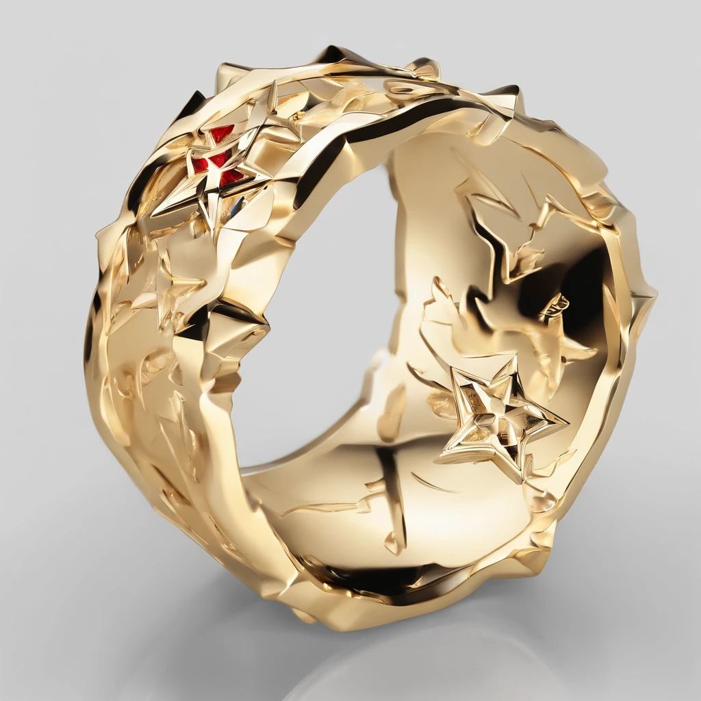 Yellow gold ring，Pentagram pattern，It shines with a noble golden light，The golden-red tone is filled with dark-style graphics，simple backgound， with black background，Simple details