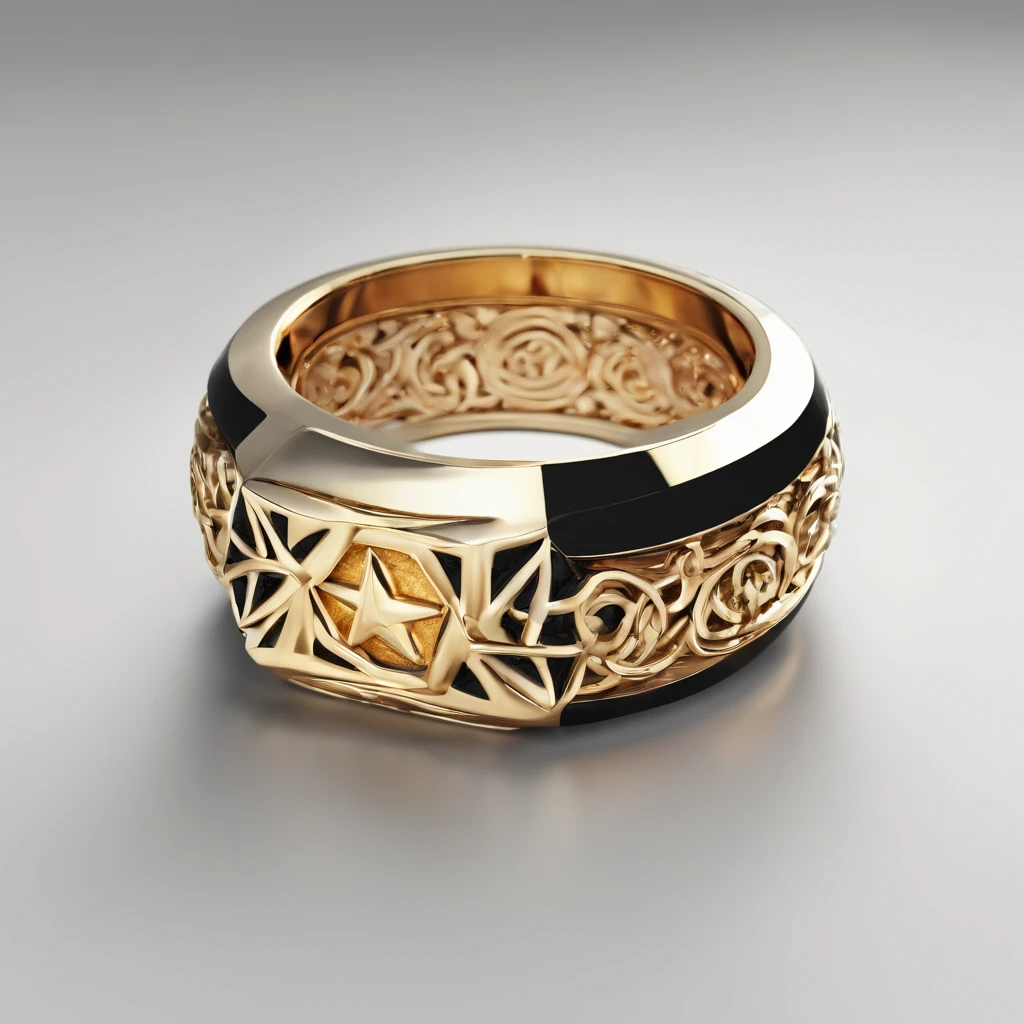 Yellow gold ring，Pentagram pattern，It shines with a noble golden light，The golden-red tone is filled with dark-style graphics，simple backgound， with black background，Simple details