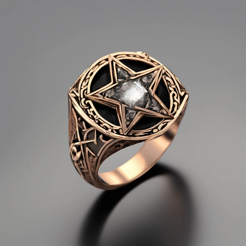 Bronze ring，Pentagram pattern，Gemstone embellishment，simple backgound， with black background，Simple details