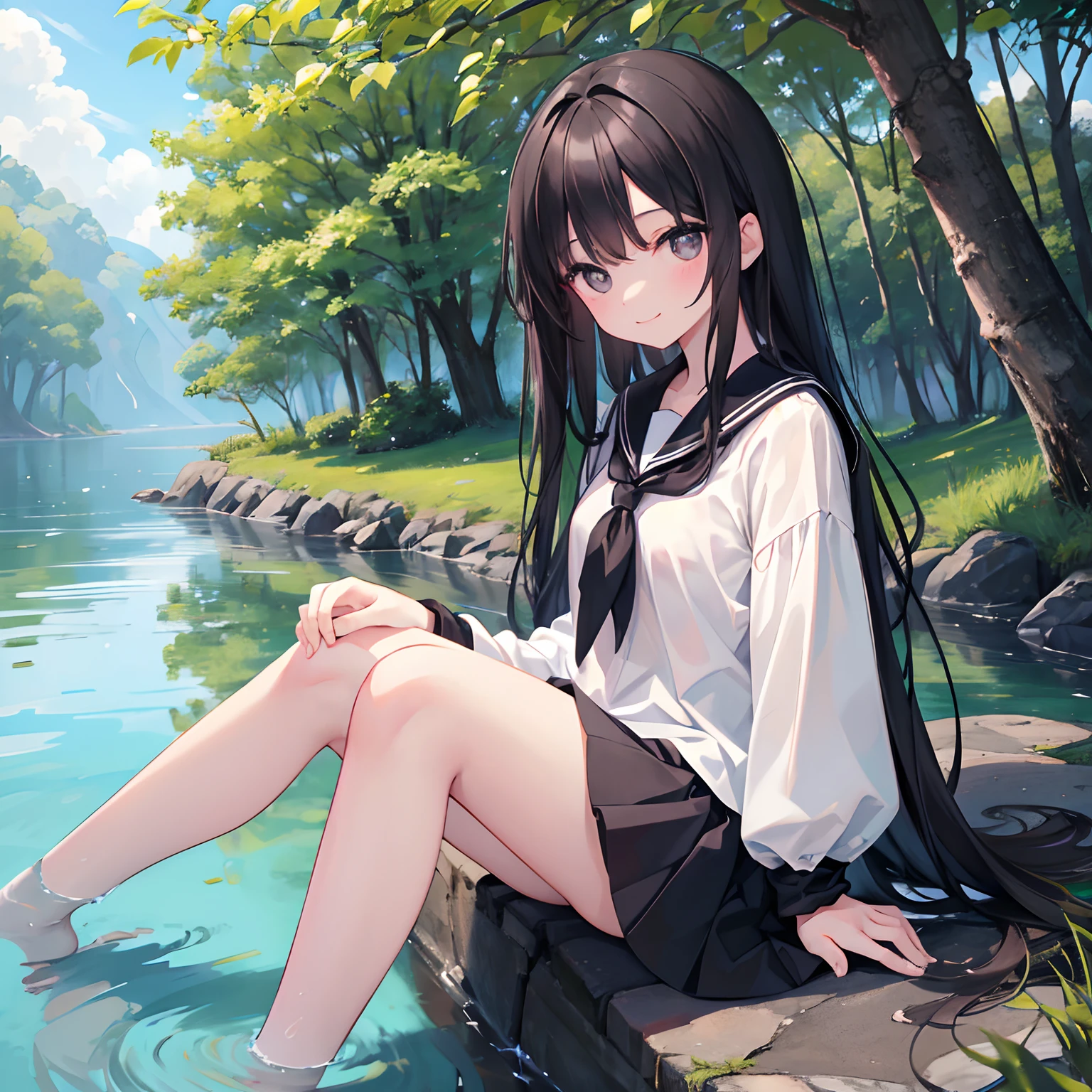 girl with、1 persons、Dark hair、Black eyes、length hair、A smile、Pupils、Black sailor suit、shortsleeves、Go into the river and play、Water each other、fullbody image、the woods、Grassy、夏天