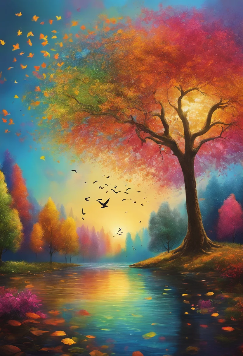 a brightly colored tree with birds flying around it in front of a city, colorful picture, scenic colorful environment, intricate rainbow environment, colorful concept art, botanical rainbow backdrop, psychedelic flowers and trees, beautiful high resolution, colorful hd picure, colorful scene, nature painting, abstract high quality, colorful image, colorful illustration, colorful landscape painting, synesthesia
