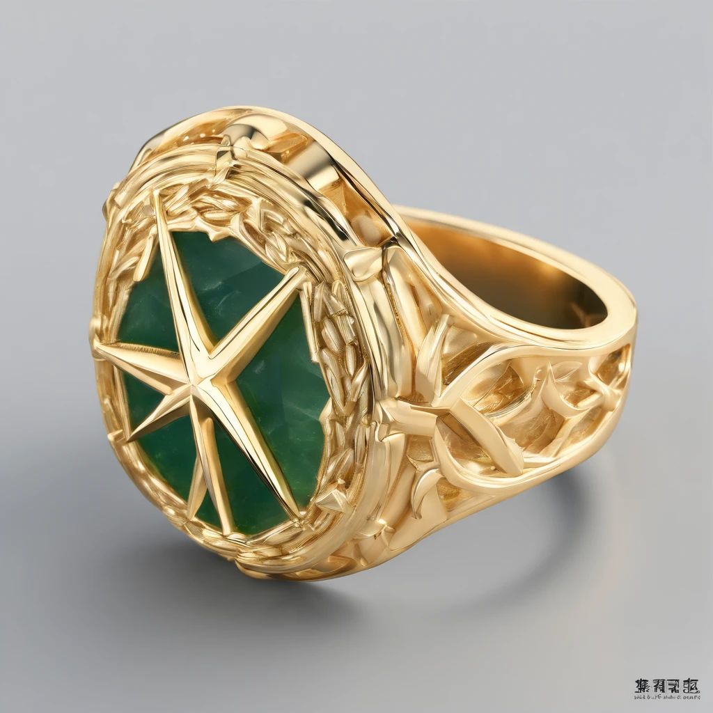 Yellow gold ring,Pentagram pattern,Jade jade embellishment,simple backgound, with black background,Simple details