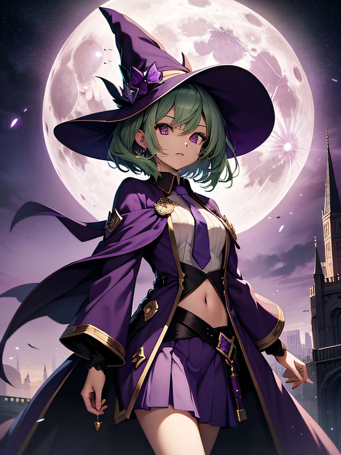 top-quality、extremely delicate and beautiful、(A teenage girl)、Purple Eye、Green hair、short-haired、(purple witch hat)、Purple tie、Soio、shortsleeves、Purple skirt、Purple Wizard Robe、Navel、is standing、Full moon night on background、(Handgun in right hand)