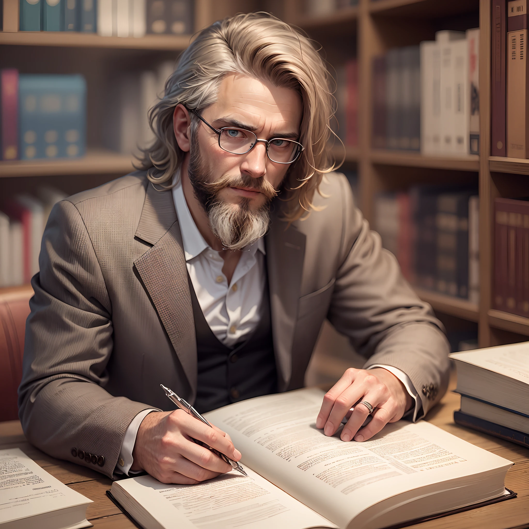 High quality image of a lawyer with grizzled hair and short beard, seduto dietro una scrivania di legno e sullo sfondo una libreria di legno con libri di diritto --auto --s2