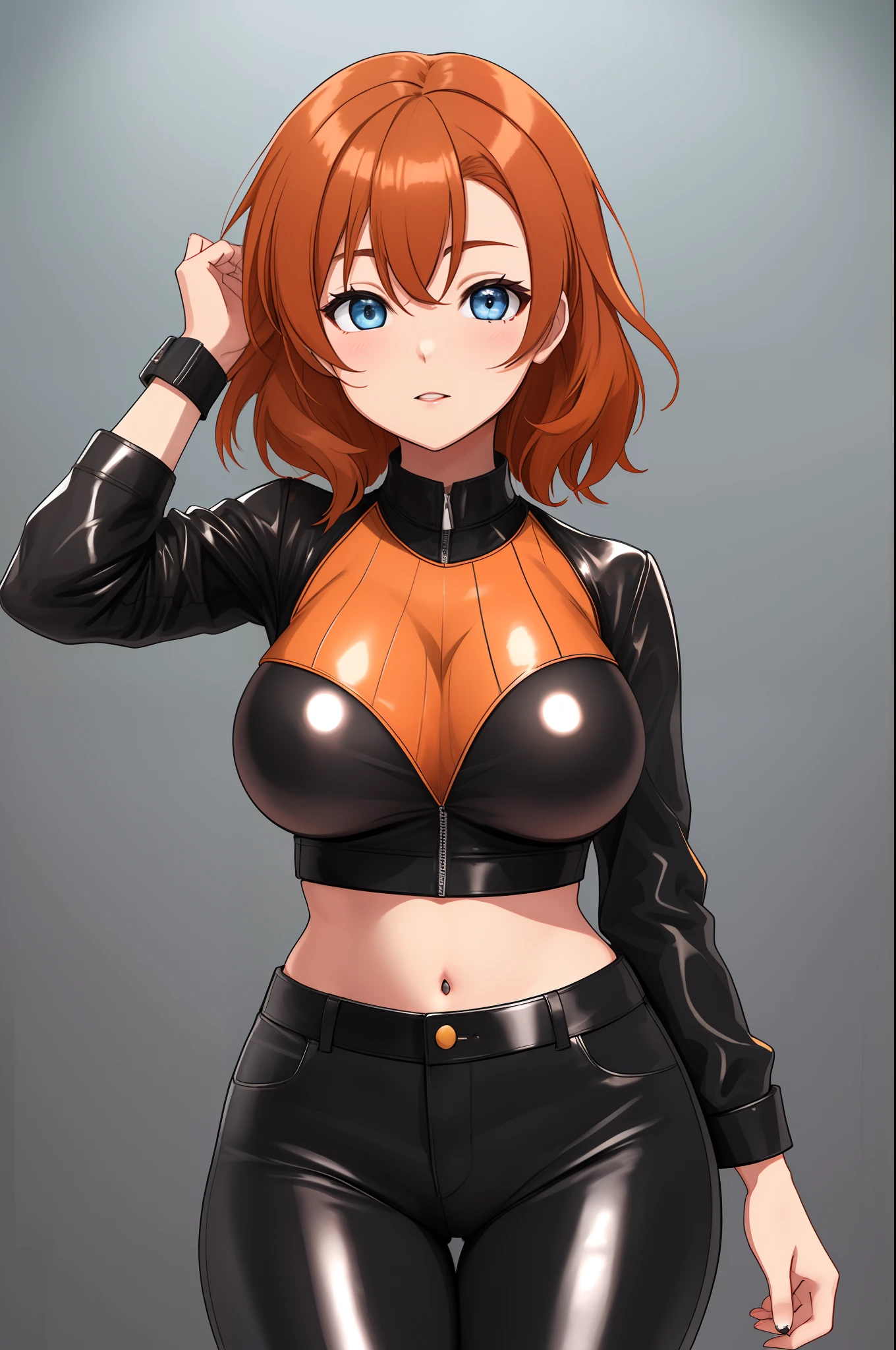 Kousaka honoka, blue eyes, (orange hair:0.8), crop top, midriff, black leather pants ,big breasts,thicc , curvy body