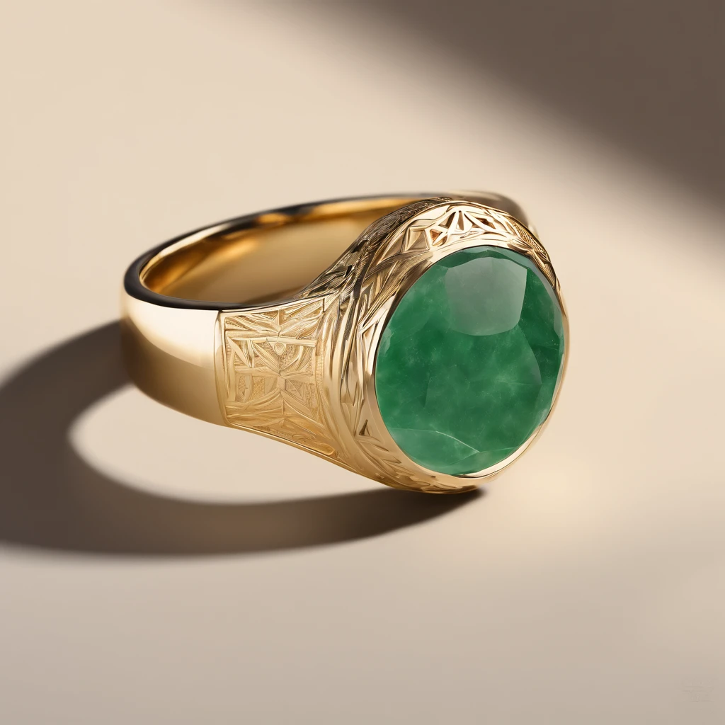 Yellow gold ring，Pentagram pattern，Jade jade embellishment，simple backgound， with black background，Simple details