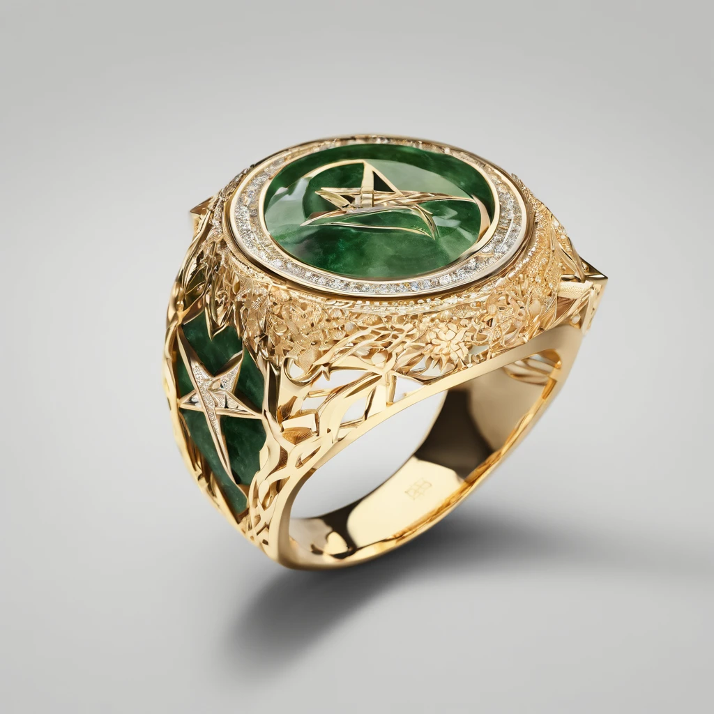 Yellow gold ring，Pentagram pattern，Jade jade embellishment，simple backgound， with black background，Simple details