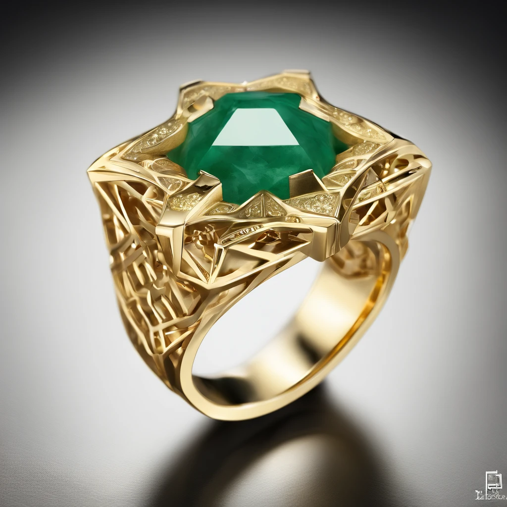 Yellow gold ring,Pentagram pattern,Jade jade embellishment,simple backgound, with black background,Simple details