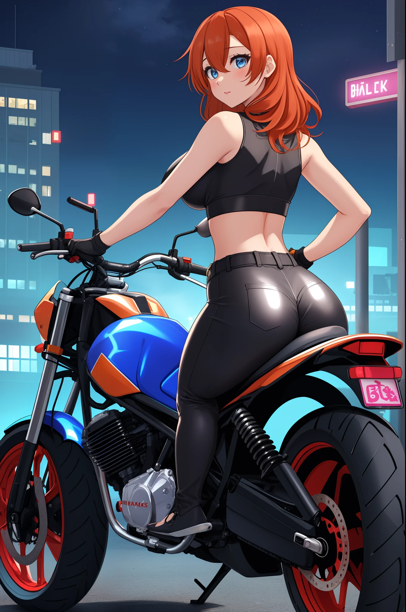 Kousaka honoka, blue eyes, (orange hair:0.8), from behind, crop top, midriff, black leather pants ,big breasts,thicc , curvy body,night time,motor cycle