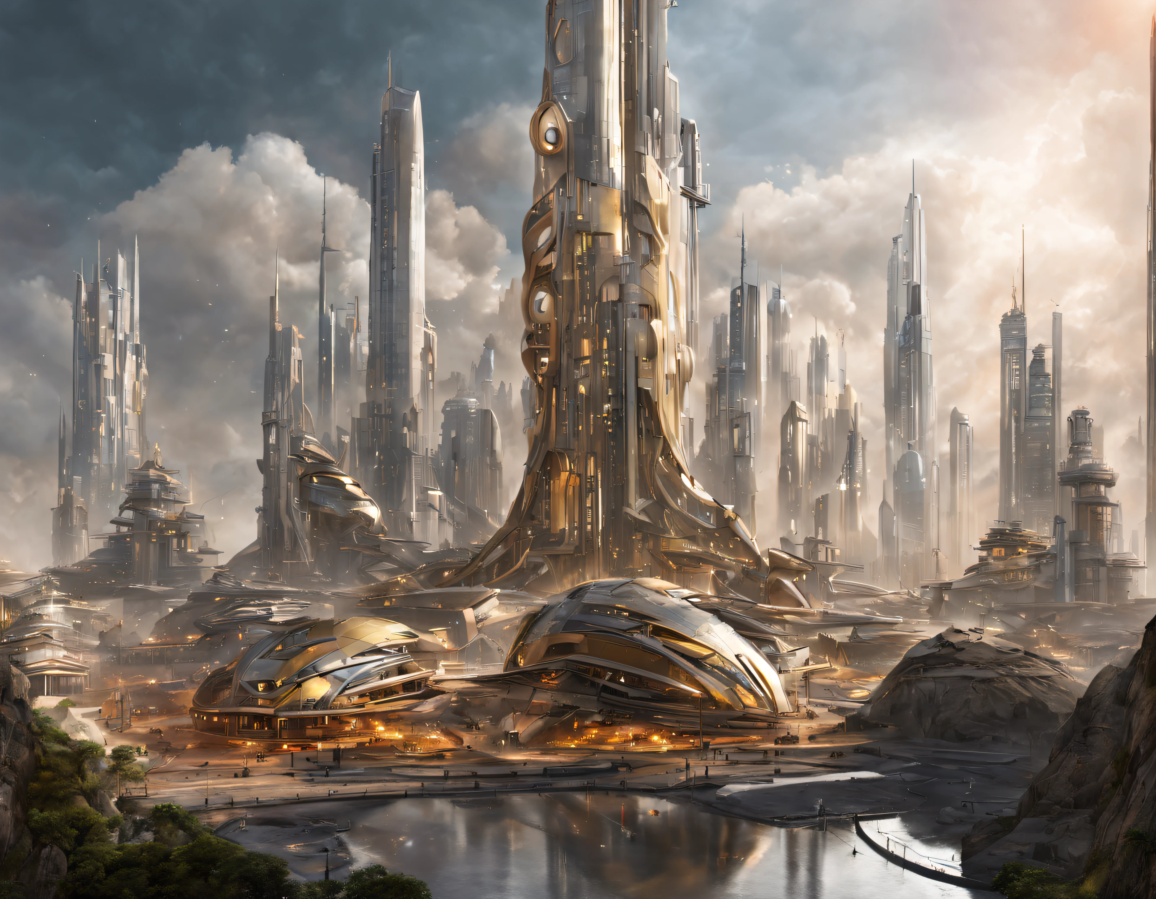 On an unknown planet there is a futuristic city with immense buildings of technological design, con estructuras acristaladas en plata, oro y bronce espectaculares en la que sobrevive un robot femenino espectacular. con colores vivos. pavimento ensolado.