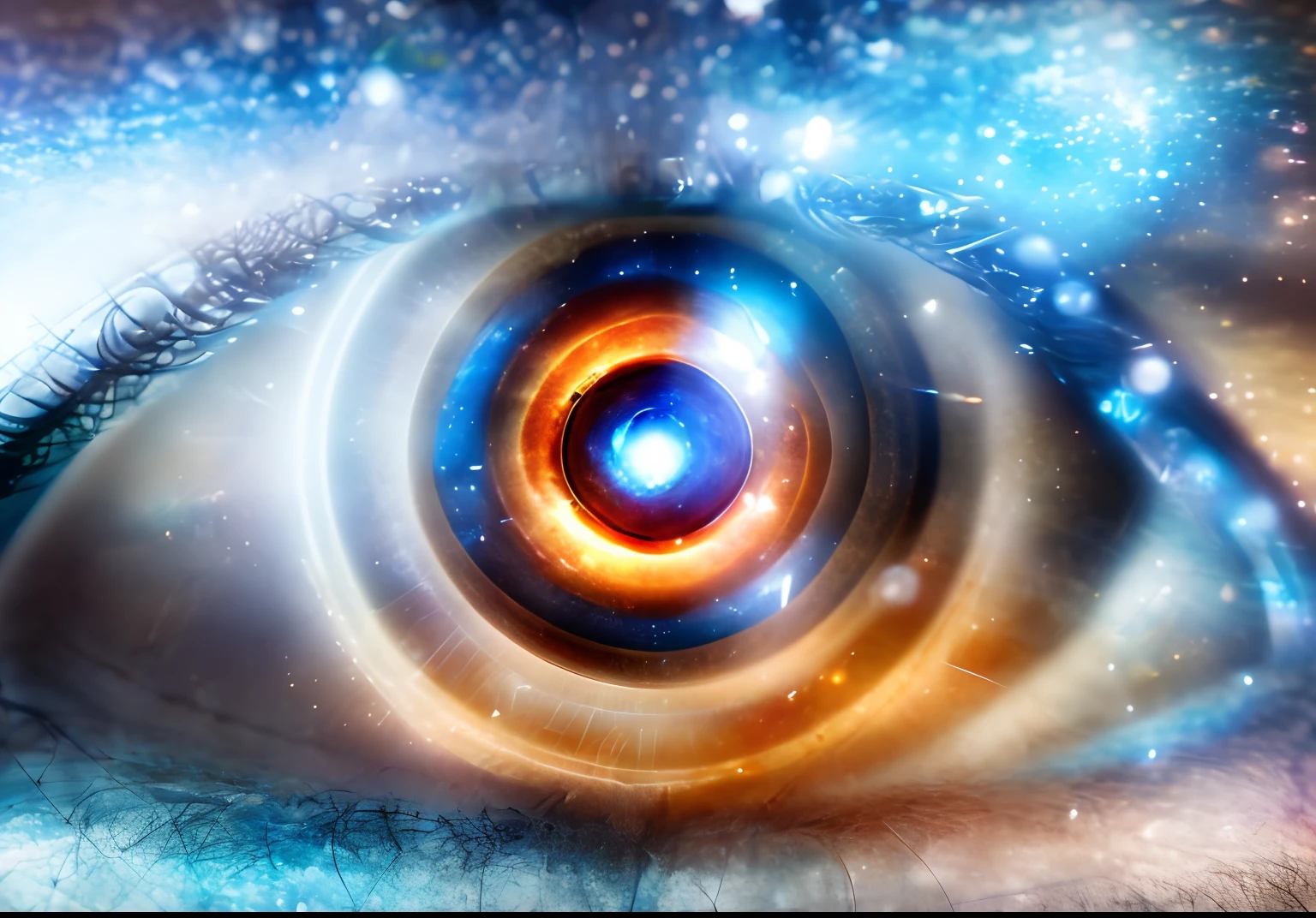 There is a close-up of a person's eyes with a ring of fire, the eye of the universe, glowing light eyes, The stars are hidden in the eyes, The Eye of God, Portrait of a mystical giant eye, mystic eye, giant eye magic spell, Milky Way in the eyes, Eye of God Ra, Epic concept art. Bokeh, eye fire