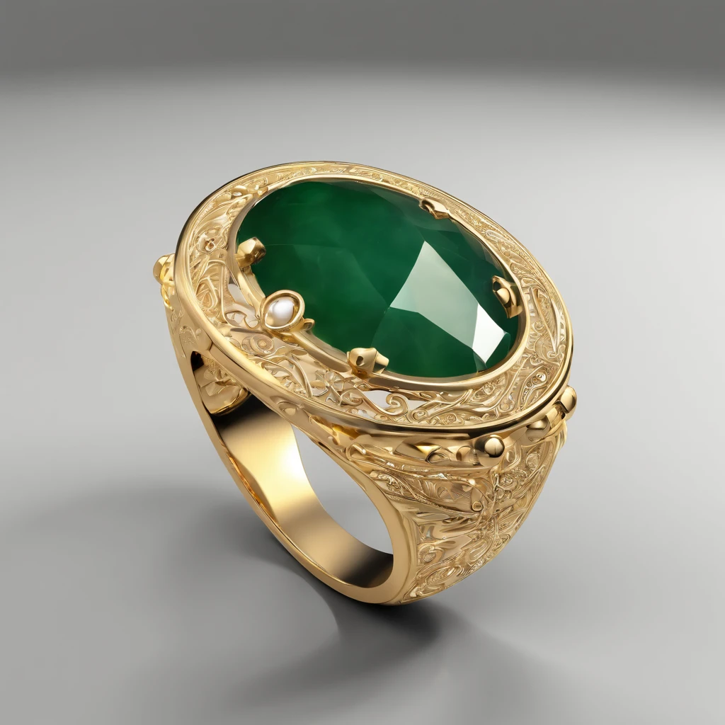 Yellow gold ring，Pentagram pattern，Jade embellishments，simple backgound， with black background，Simple details