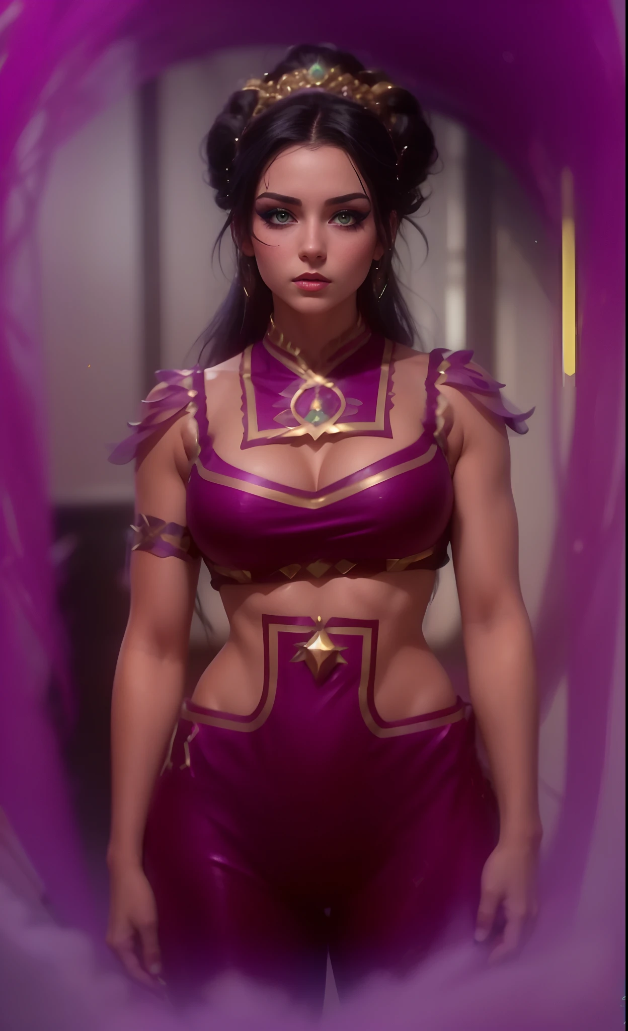 Bodacious seductive young Russian girl, bright streaks of purple & neon green eye makeup, elaborately coiffed black hair with large side rolls, wearing space bikini genie harem outfit, 4K, cinematic, hyper-sharp, hyper-realistic, hyper-detailed, symmetrical, "100% anatomically correct", octane render