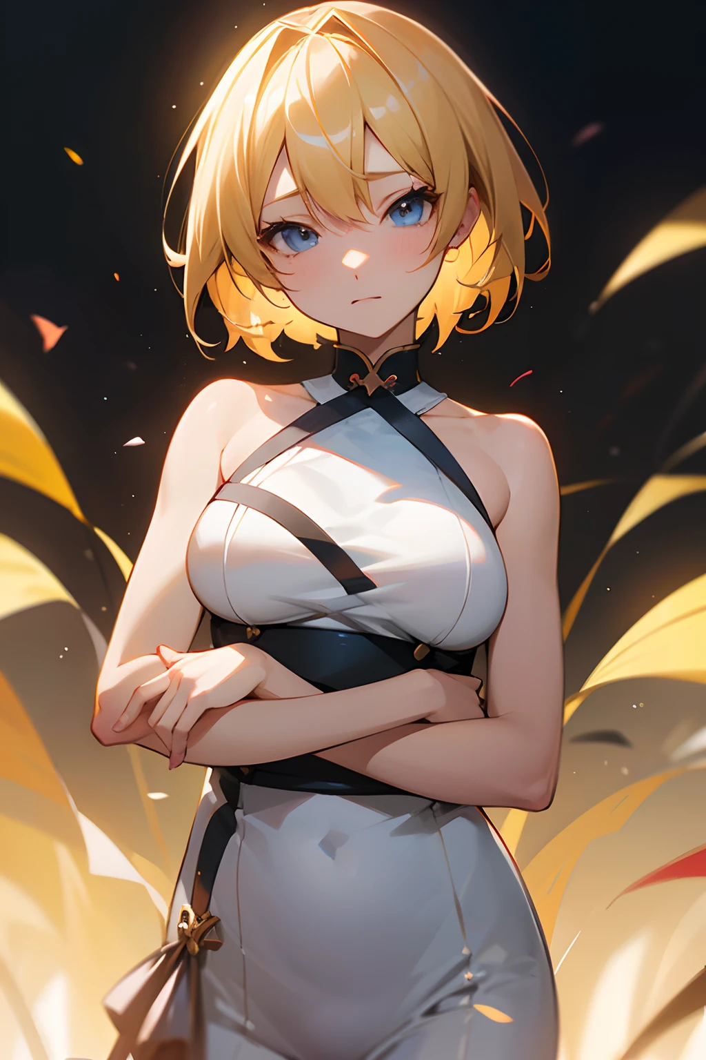 Cute girl, blonde hair, curly ponytail, brown eyes, orange tank top with white edges, yellow cloth wrapped around her waist, short orange skirt, white wrap wrapped around her hand, red gloves, big breasts, 