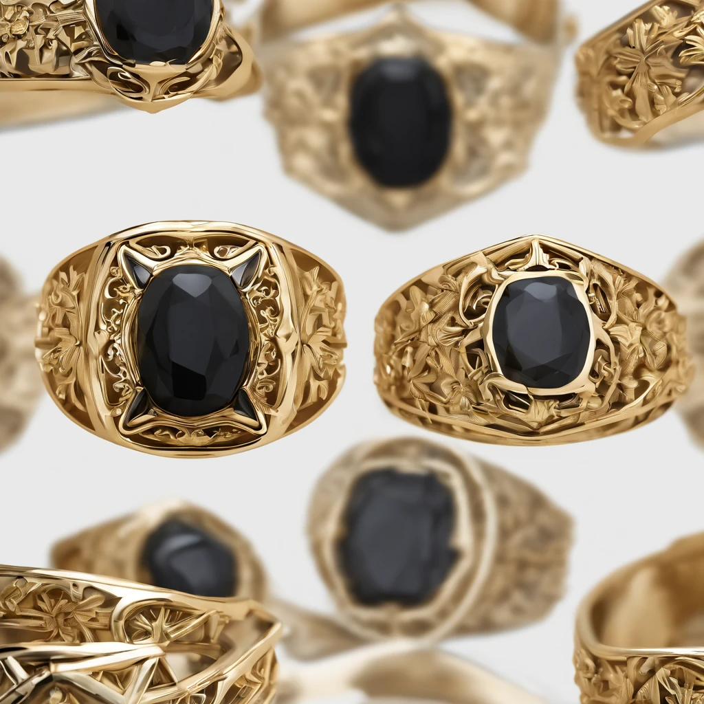 Yellow gold ring,Pentagram pattern,Obsidian embellishments,simple backgound, with black background,Simple details