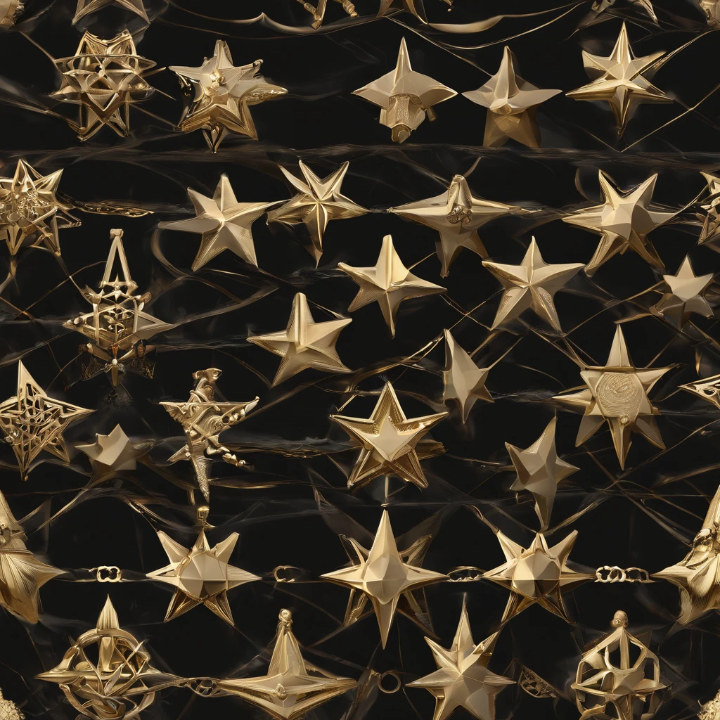 Yellow gold ring，Pentagram pattern，Obsidian embellishments，simple backgound， with black background，Simple details