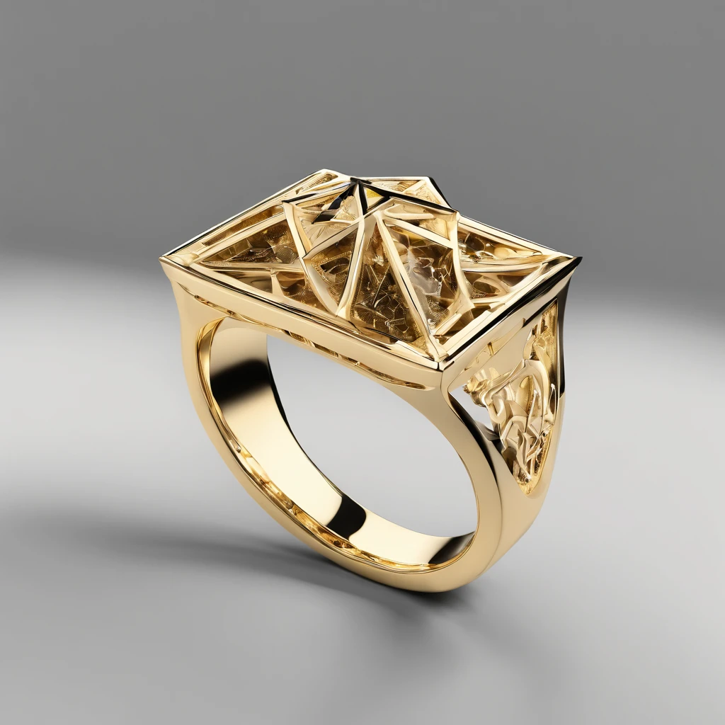 Yellow gold ring，Pentagram pattern，Obsidian embellishments，simple backgound， with black background，Simple details
